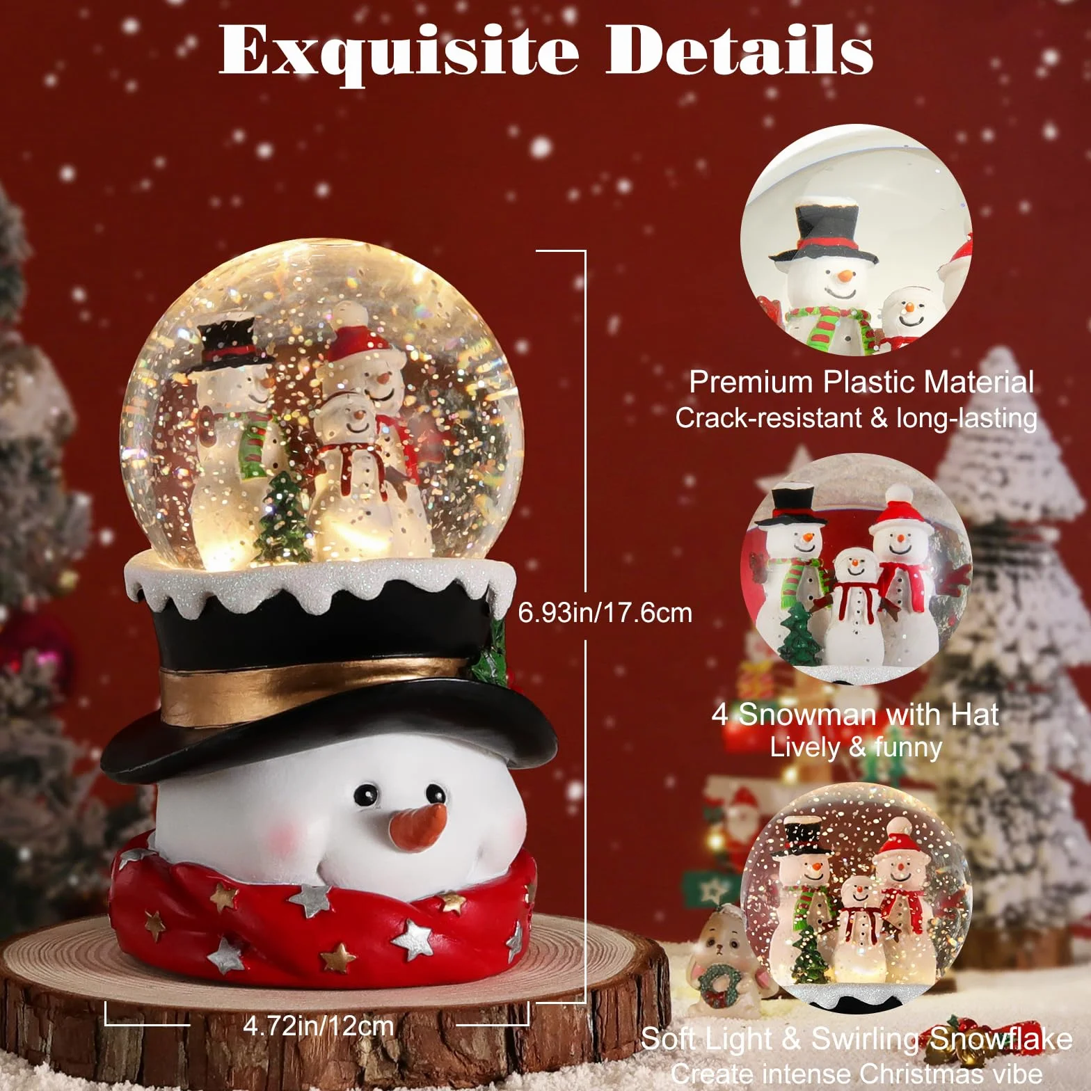 Lewondr Globo de Cristal Nieve Navideño, Hombre de Nieve, Spinning Glow y 8 Canciones, Caja Musical Árbol Navidad, Alimentado por la Batería Lámpara de Navidad