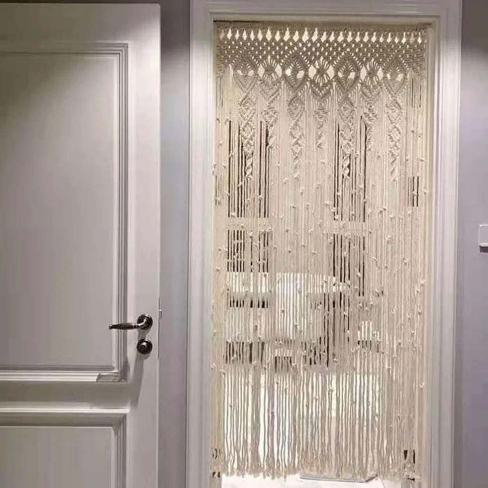 Cortina de macramé de algodón 90x200 cm beige para puerta y ventana