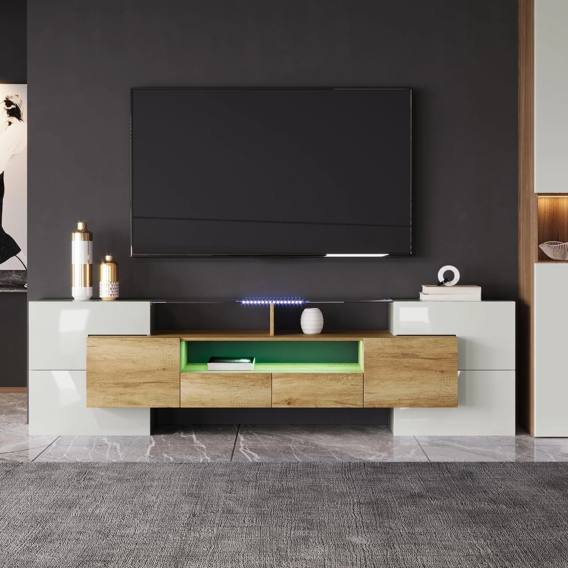 LAKFEW Mueble TV 200cm de hasta 85 Pulgadas con Iluminación LED y Almacenaje, Mueble TV Salon con 6 Puertas y 2 Cajones, Muebles TV con 3 Compartimentos, 200x35x60 cm, Blanco+Color Madera