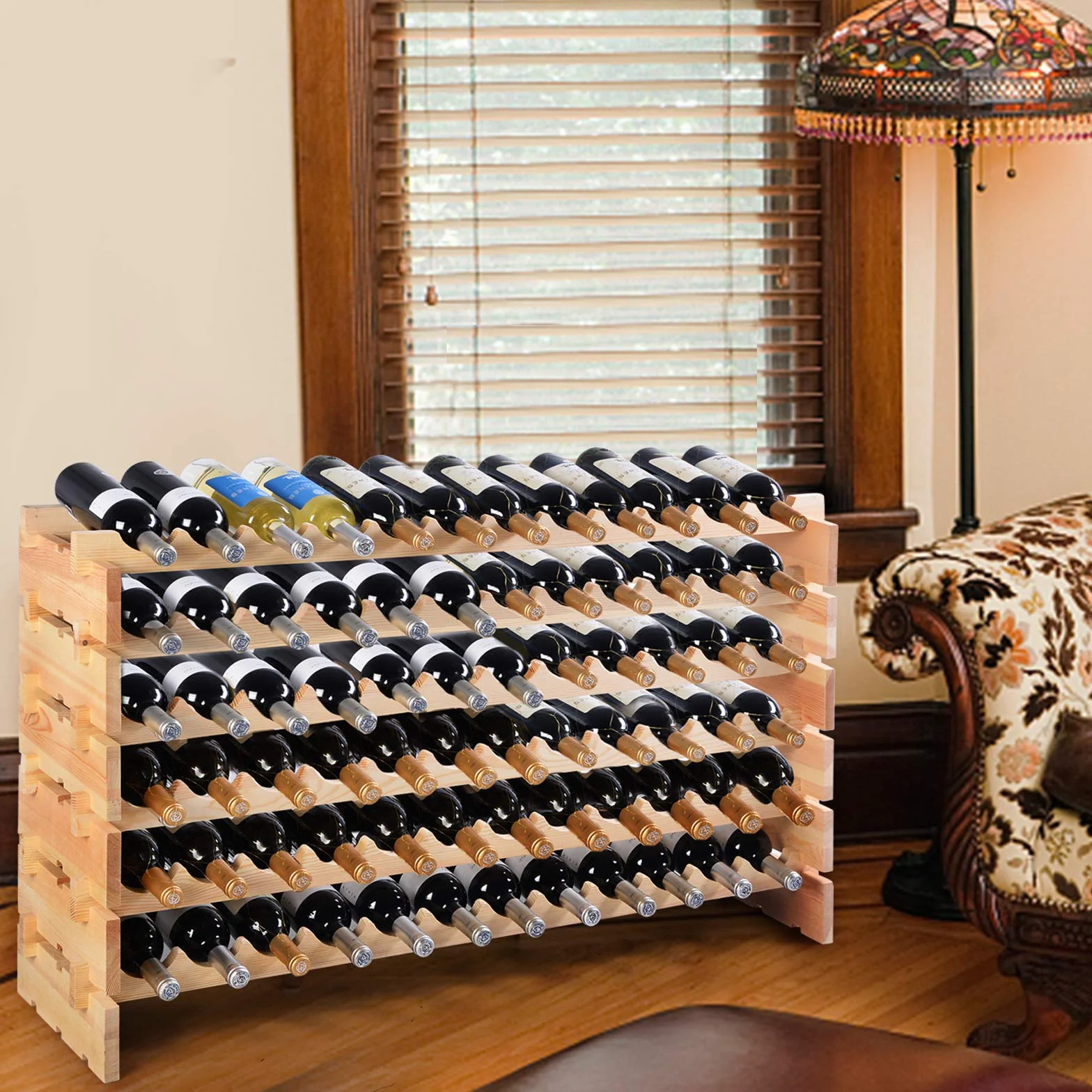 COSTWAY Botellero Vino de 6 Niveles, Botellero Apilable para 72 Botellas de Madera de Pino, Soporte para Botellas de Vino con 6 Opciones de Altura, Carca máx 90kg, para Cocina y Bar, 119 x 29 x 72 cm