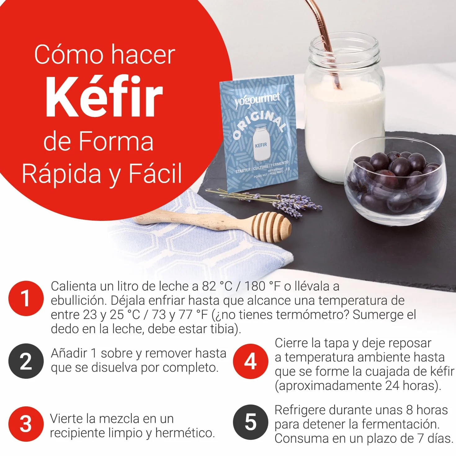 Yogourmet Fermentos para Kéfir 6 Sobres 6 Litros Natural Sin Gluten Kosher Halal