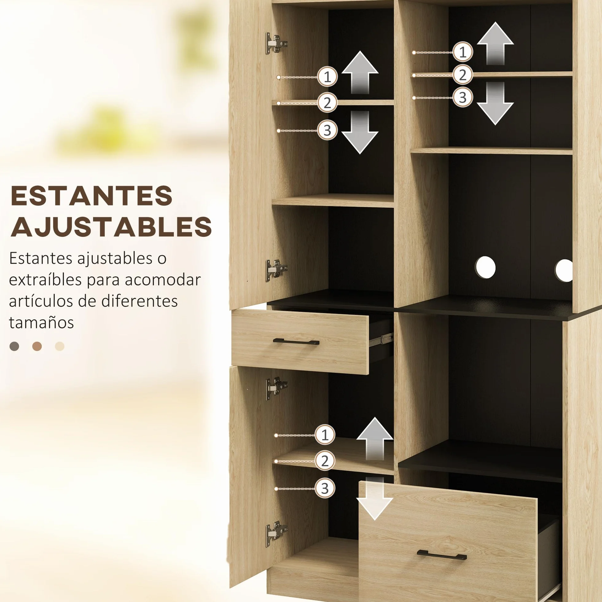 HOMCOM Alacena Moderno de Cocina con 2 Cajones, 2 Armarios y 4 Estantes Abiertos - Mueble Buffet para Comedor y Salón - 90x40x170 cm - Roble y Negro