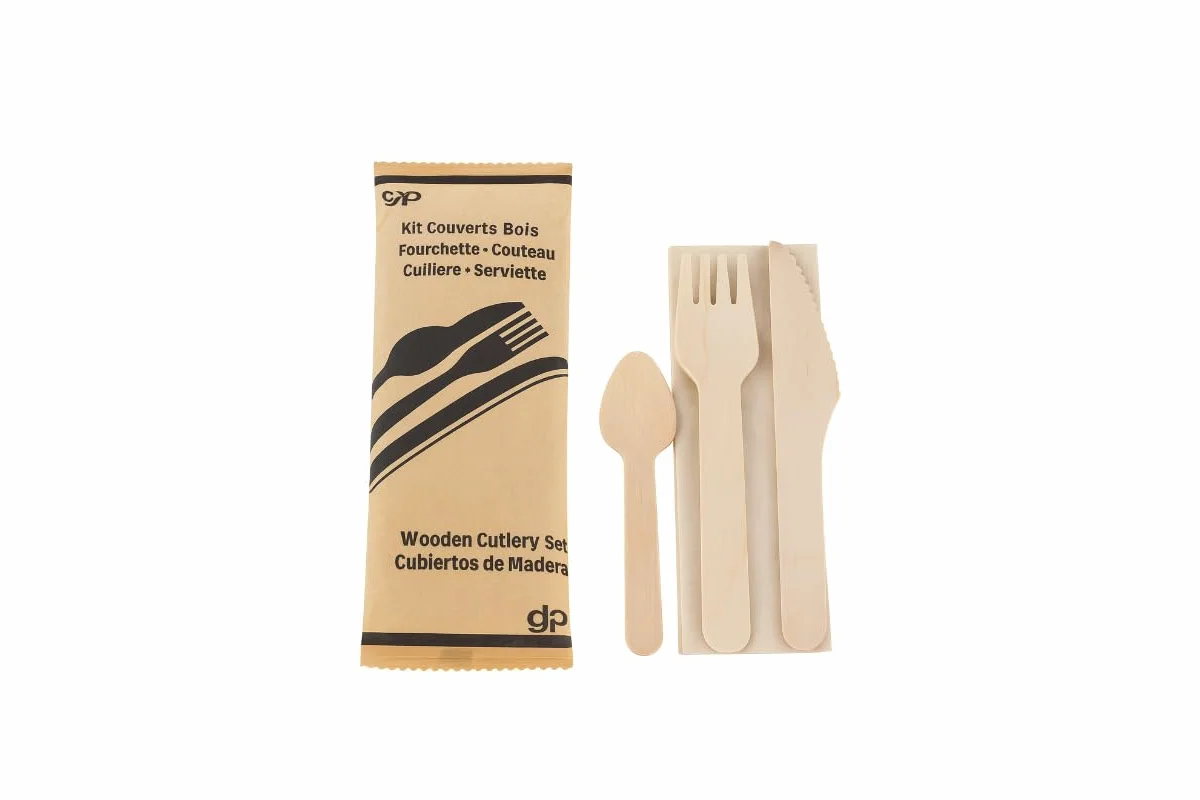 250 kits de cubiertos desechables de madera – cuchillo, tenedor, cuchara de postre, toalla – ecológica, cero residuos, ideal restauración, catering, eventos, comida para llevar (4, kit de 4 piezas)