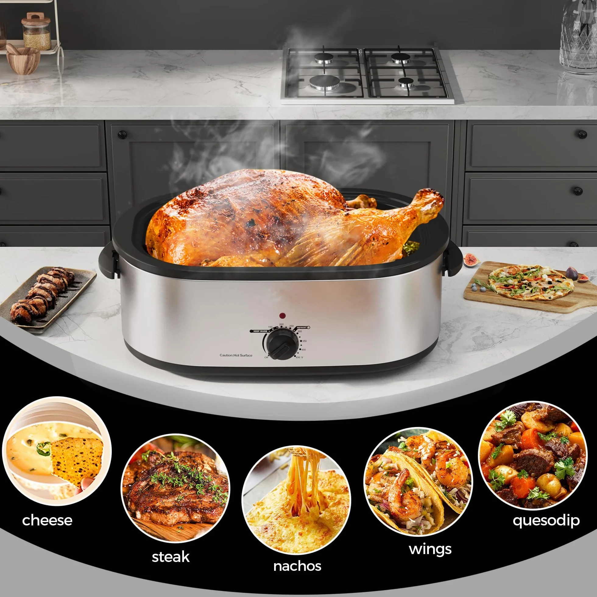 Horno asador eléctrico de 22 cuartos de galón, tostador de pavo con diseño de tapa autoservicio, horno asador eléctrico grande de acero inoxidable para pavos de hasta 26 libras
