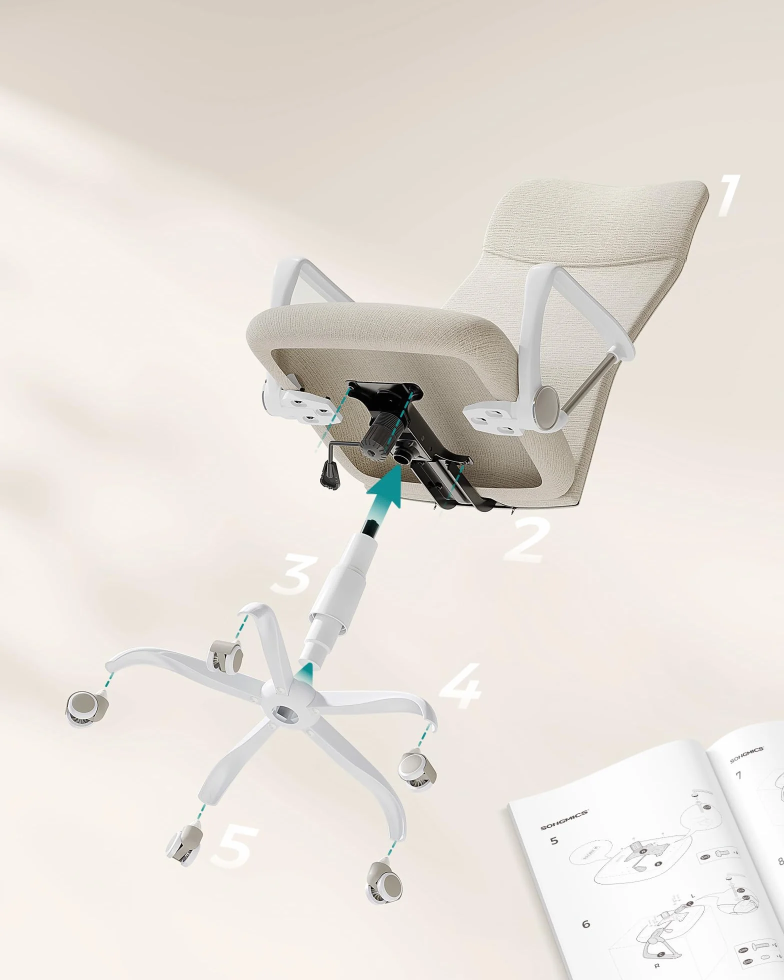 SONGMICS Silla de Oficina Ergonómica Giratoria Regulable Altura Inclinable 120 kg Beige Cappuccino