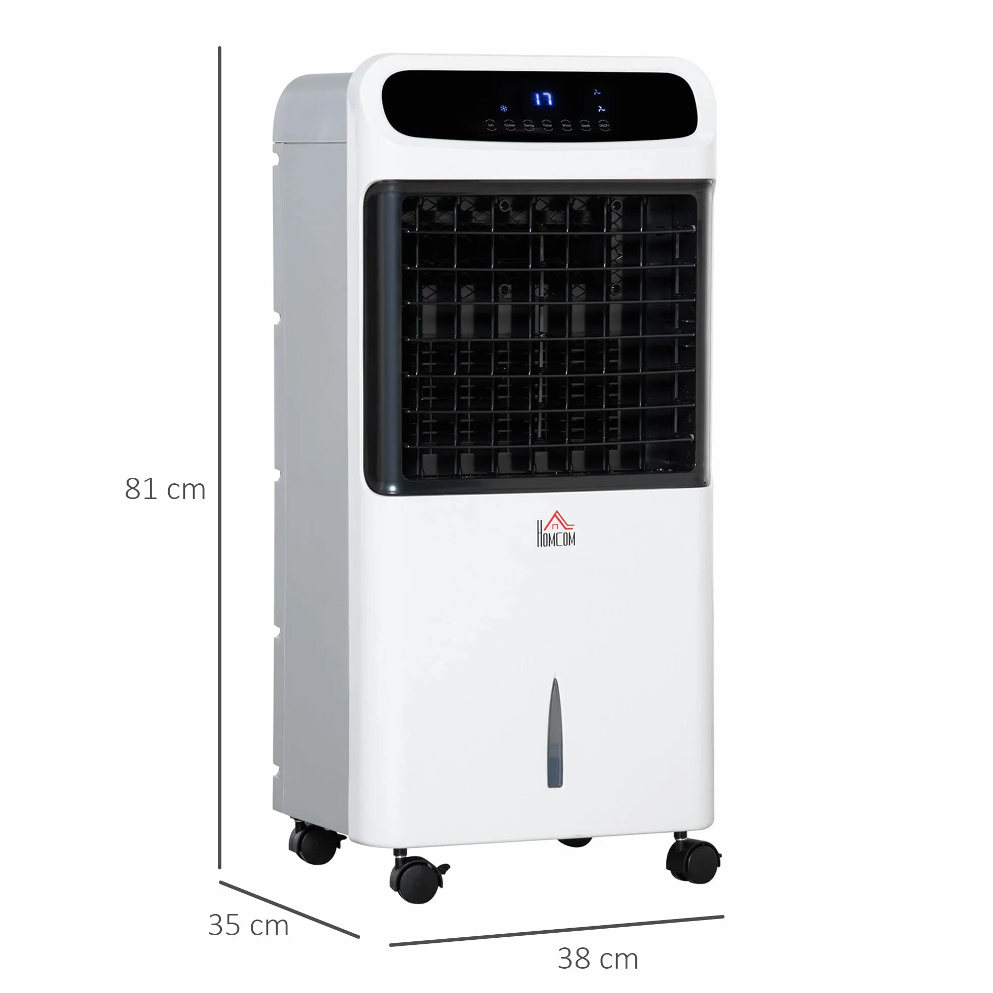 HOMCOM Climatizador Evaporativo Bajo Consumo 4 en 1 Depósito 12L Humidificador Climatizador Iones Negativos Control Remoto 3 Modos 3 Velocidades Temporizador 12 h Pantalla LED Táctil 38x35x81cm Blanco