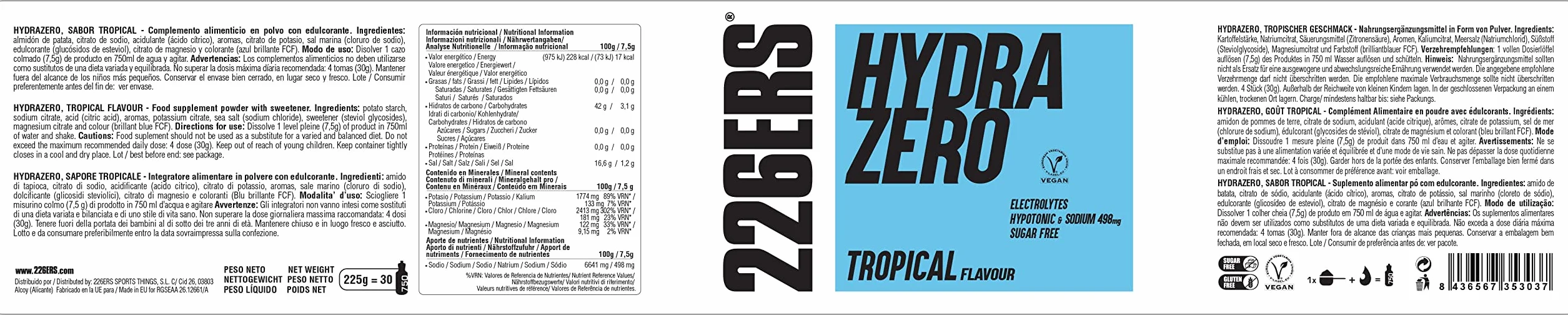 226ERS Hydrazero Bebida Hipotónica Sales Minerales Electrolitos Hidratación Recuperación Energía Vegano sin Gluten Sabor Tropical 225 g