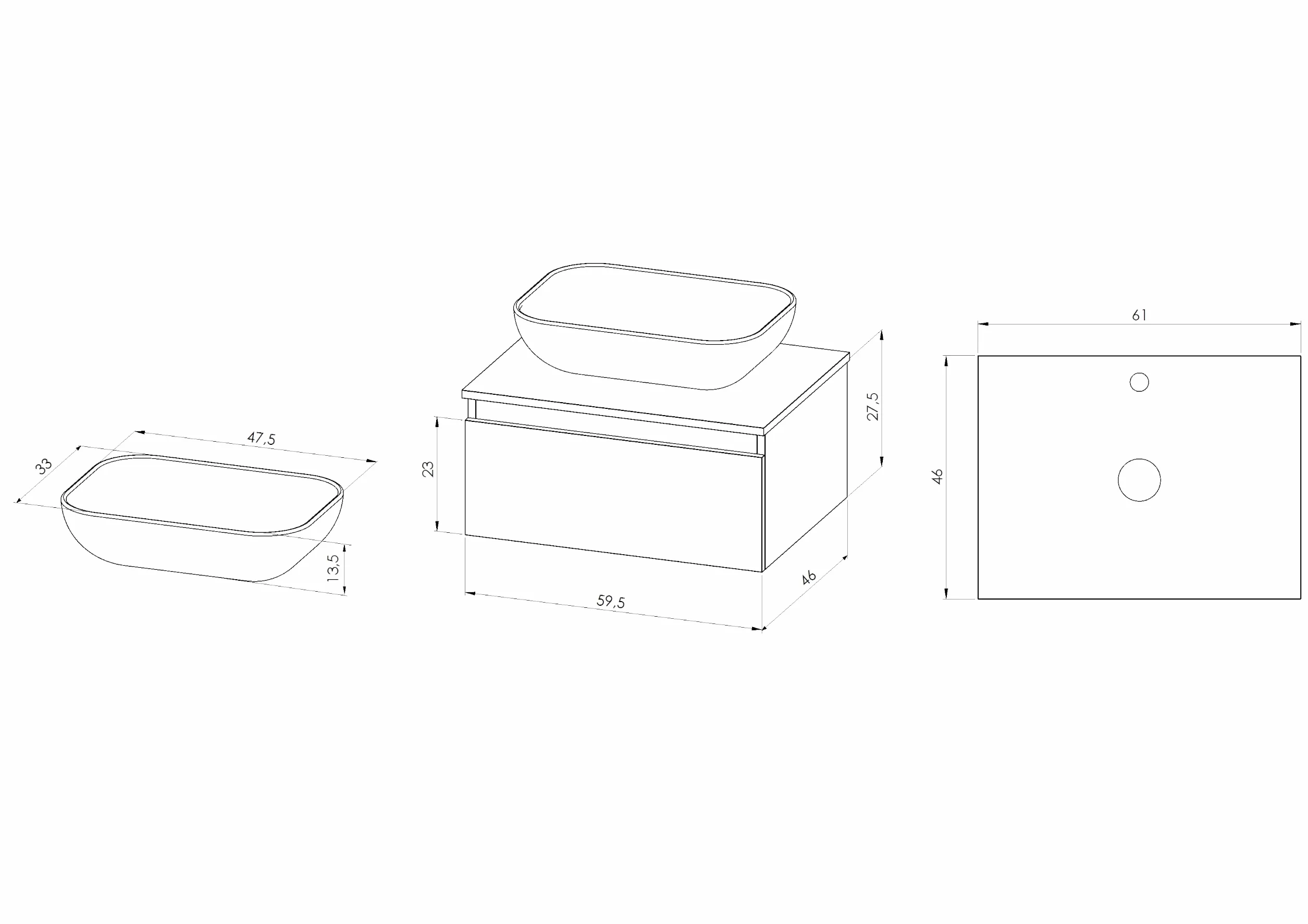 BELLOBATH - Mueble Baño Suspendido con Lavabo de Cerámica, Mueble Baño con Lavabo Montado con 1 Cajón, 60 x 27 x 46 cm, Mueble Blanco y Tapa Roble