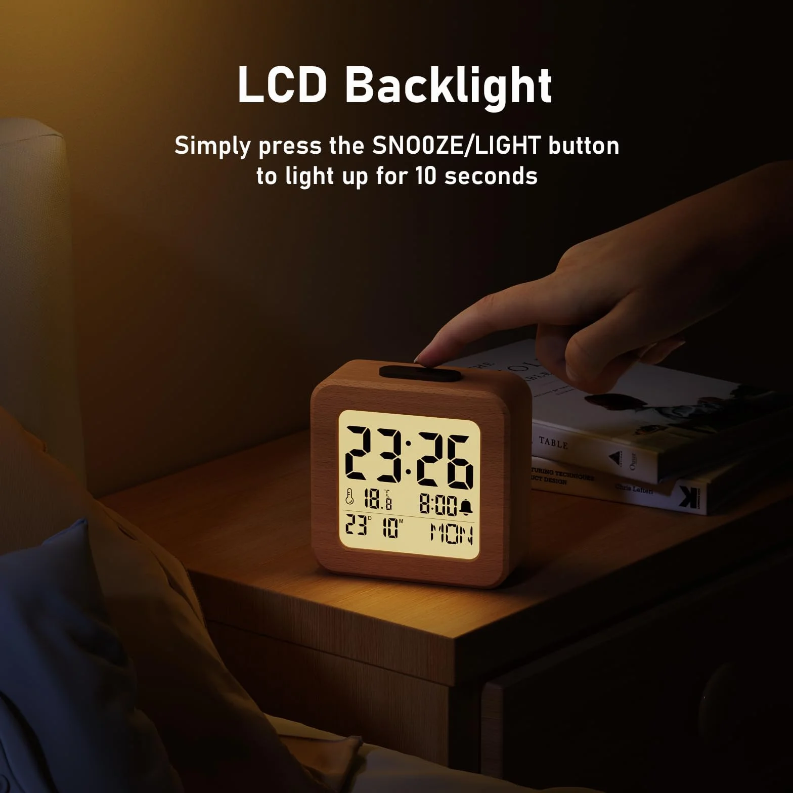Despertador Digital, Reloj Despertador Digital de Madera Pilas con Sensor de Luz, Retroiluminación LCD, Snooze 5 Min, Temperatura, Fecha y Día de la Semana (Madera)