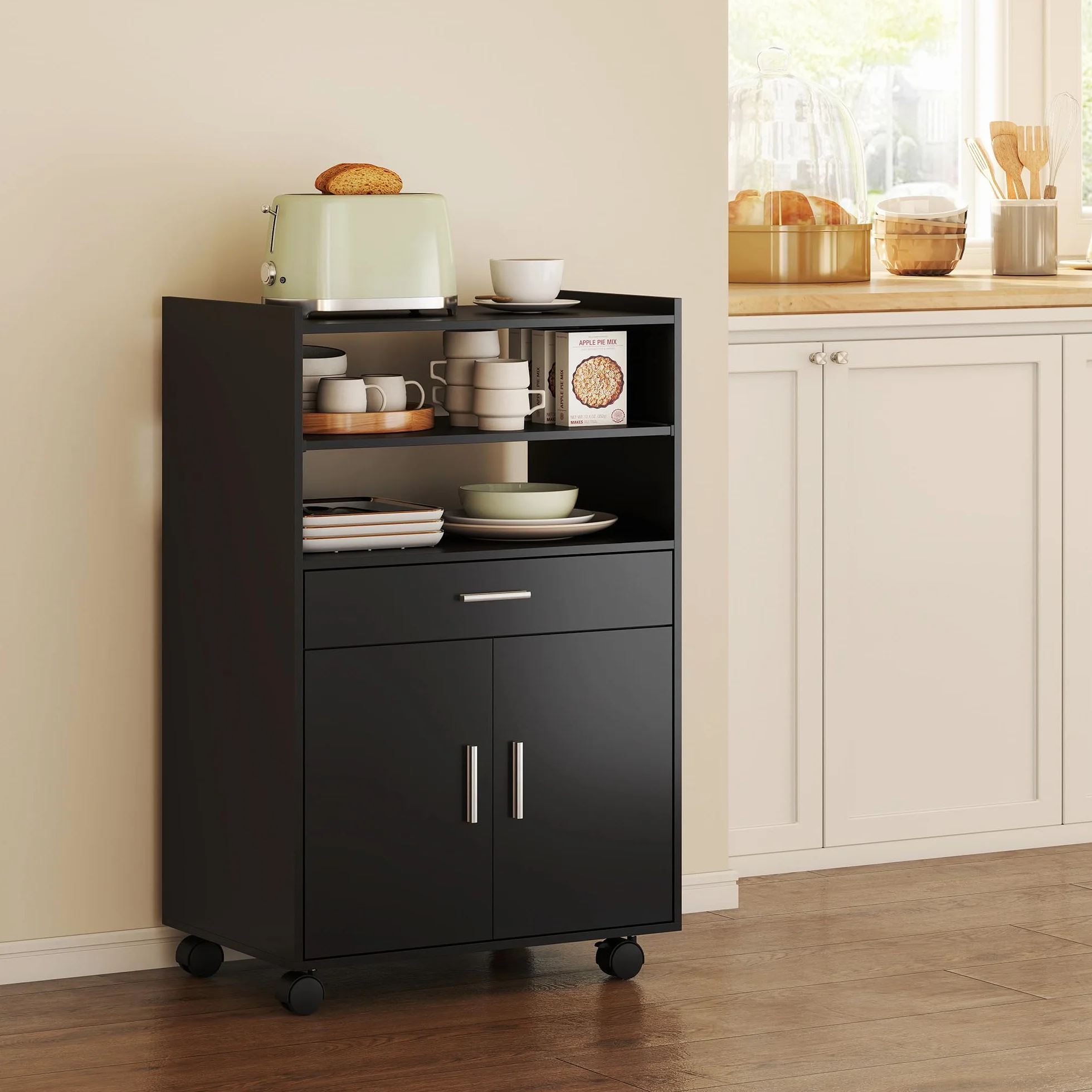 HOMCOM Armario Microondas con Ruedas, Aparador de Cocina con Cajón, Encimera para Electrodomésticos, Armario con 2 Puertas, Estante Extraíble y Abierto, Carro de Cocina para Salón, 59x40x92cm, Negro