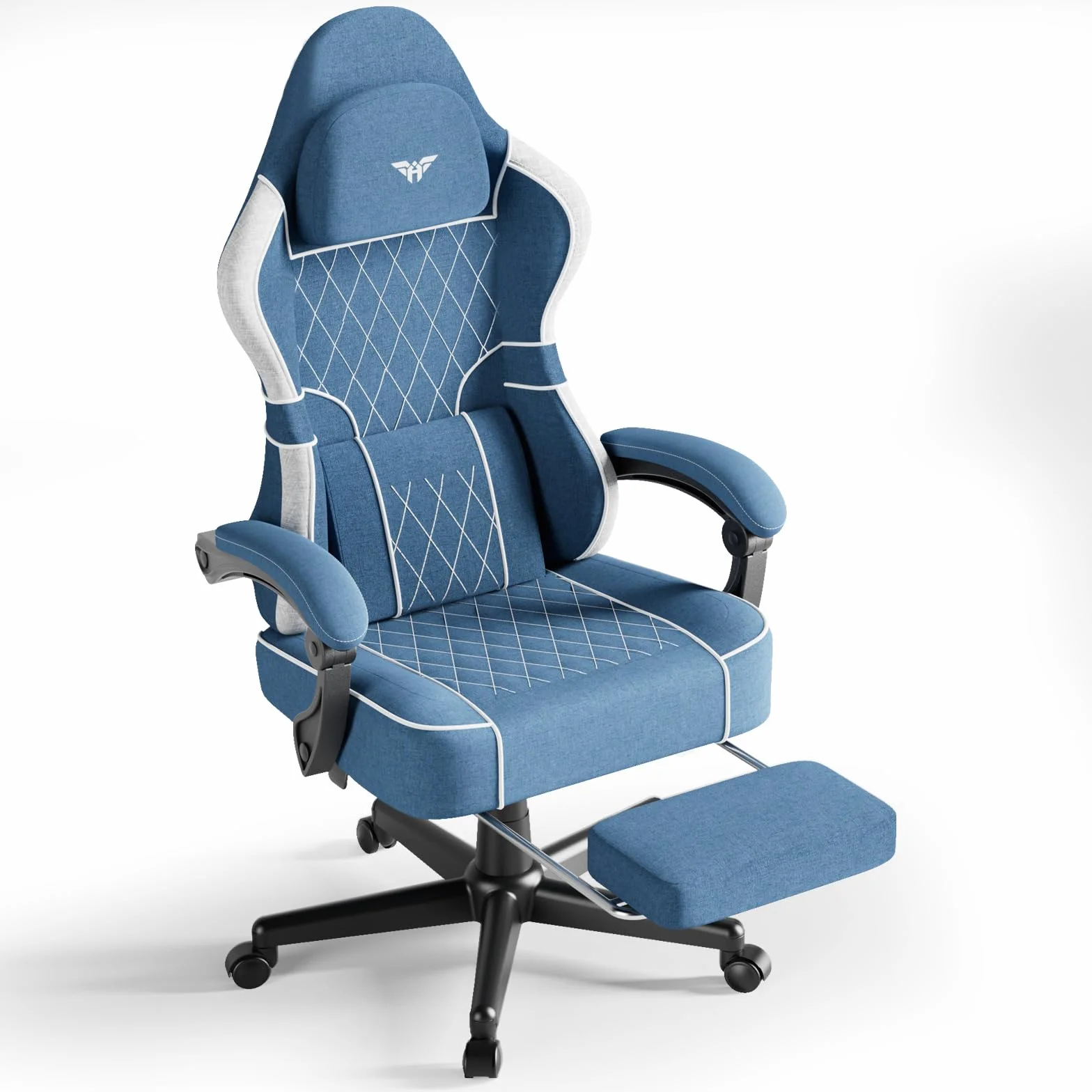 Huracan Silla Gaming con función masajeador, Silla Gamer Oficina con reposacabeza y Soporte Lumbar, sillón ergonómico Gaming con reposapiés, Respaldo Ajustable 90-160°, 150KG, algodón y Lino, Azul