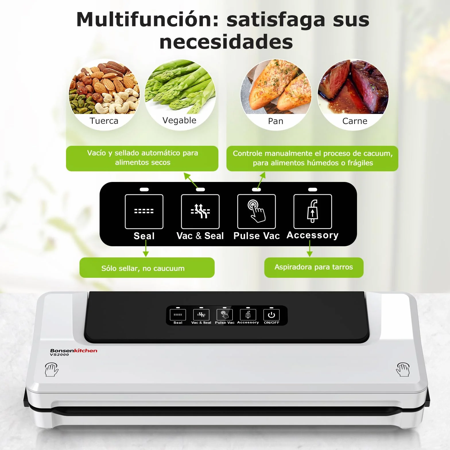 Bonsenkitchen Envasadora al Vacío 4 en 1 para Uso Doméstico y Comercial, Maquina al Vacio de Alimentos, Incluyendo 5 Bolsas (Blanco)