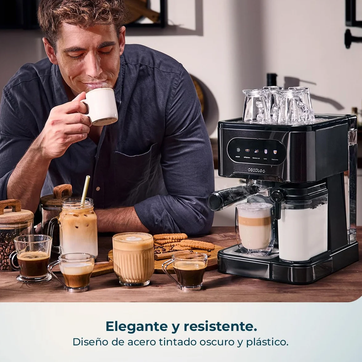 Cecotec Cafetera Express Semiautomáticas Power Espresso 20 ColdBrew Latte. 1350W, 20 Bares, Frío, Templado o Caliente, Pantalla Táctil, 1.5L Depósito Agua y 500ml Leche, Calientatazas, Doble Brazo