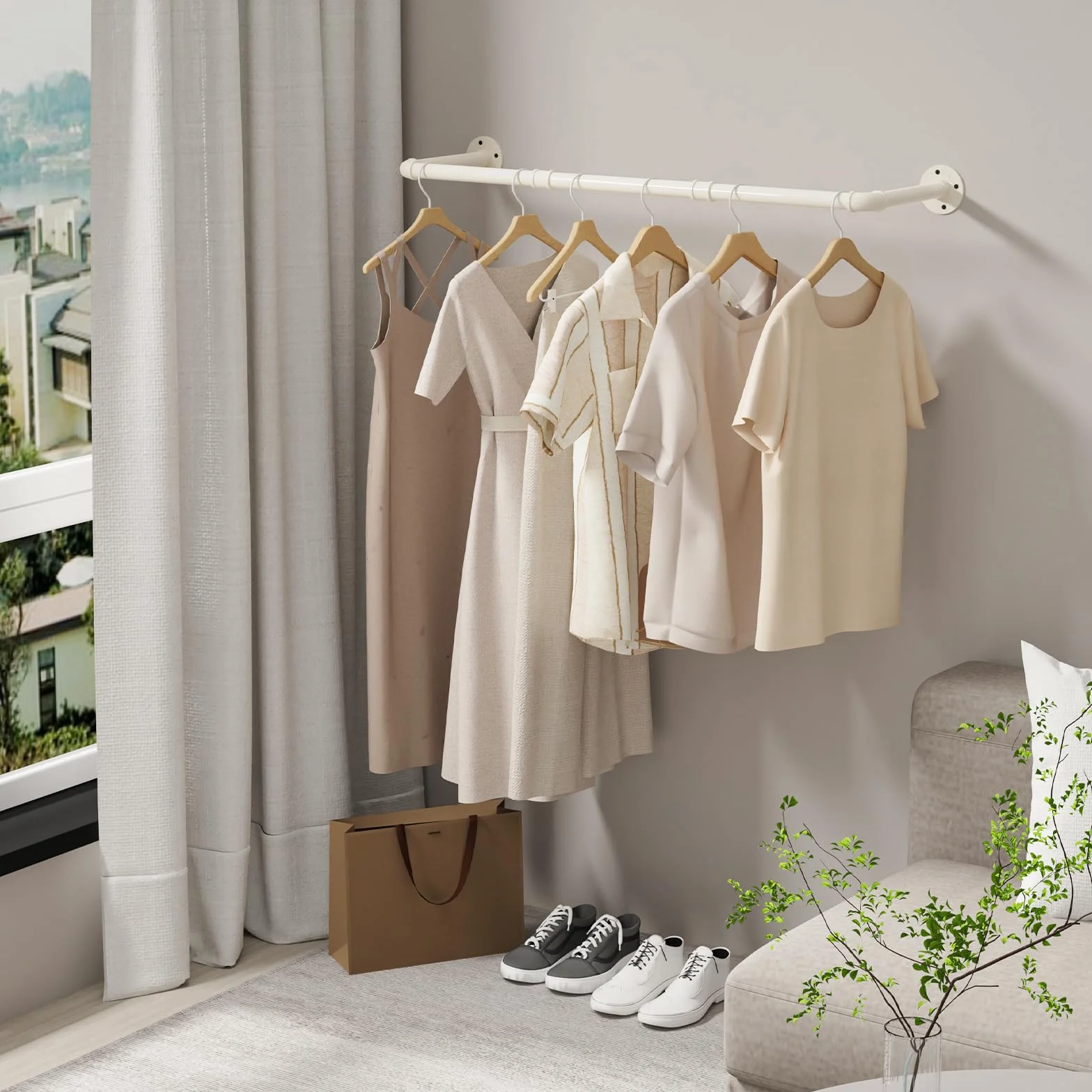 Perchero de Pared Industrial 100cm Barra para Ropa Metal, Beige