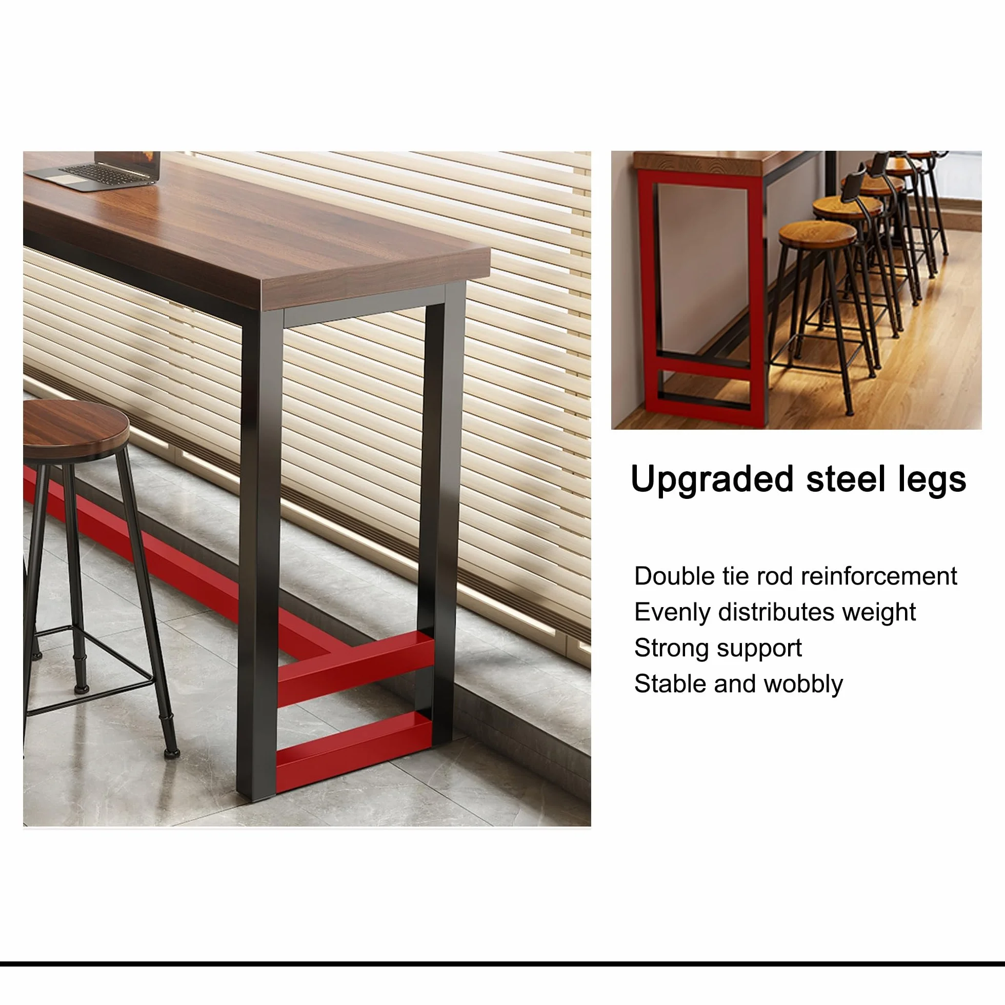 Mesa Alta Bar Rectangular Mesa Auxiliar Cocina Estrecha con Estructura de Metal para Cocina Cafetería Comedor Sala de Estar(Walnut,160x40x105cm)
