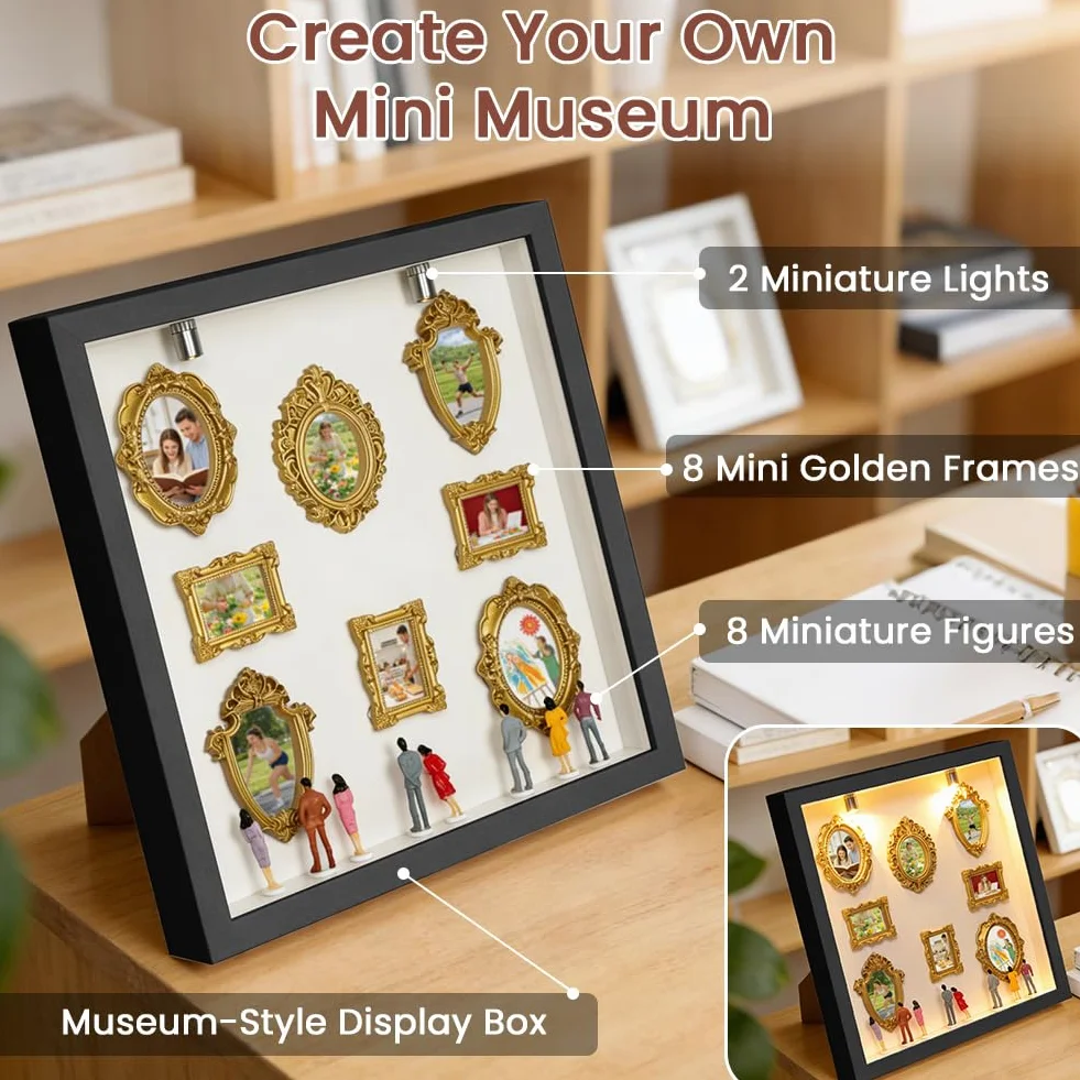 Aolso DIY Mini Museum Silhouette Box, Cuadros Cajas de Sombra de Foto Personalizada con 8 Cifras de Museo y 8 Marcos Dorados, Luces Led, para Decoración del hogar, Aniversarios, Cumpleaños, Negro