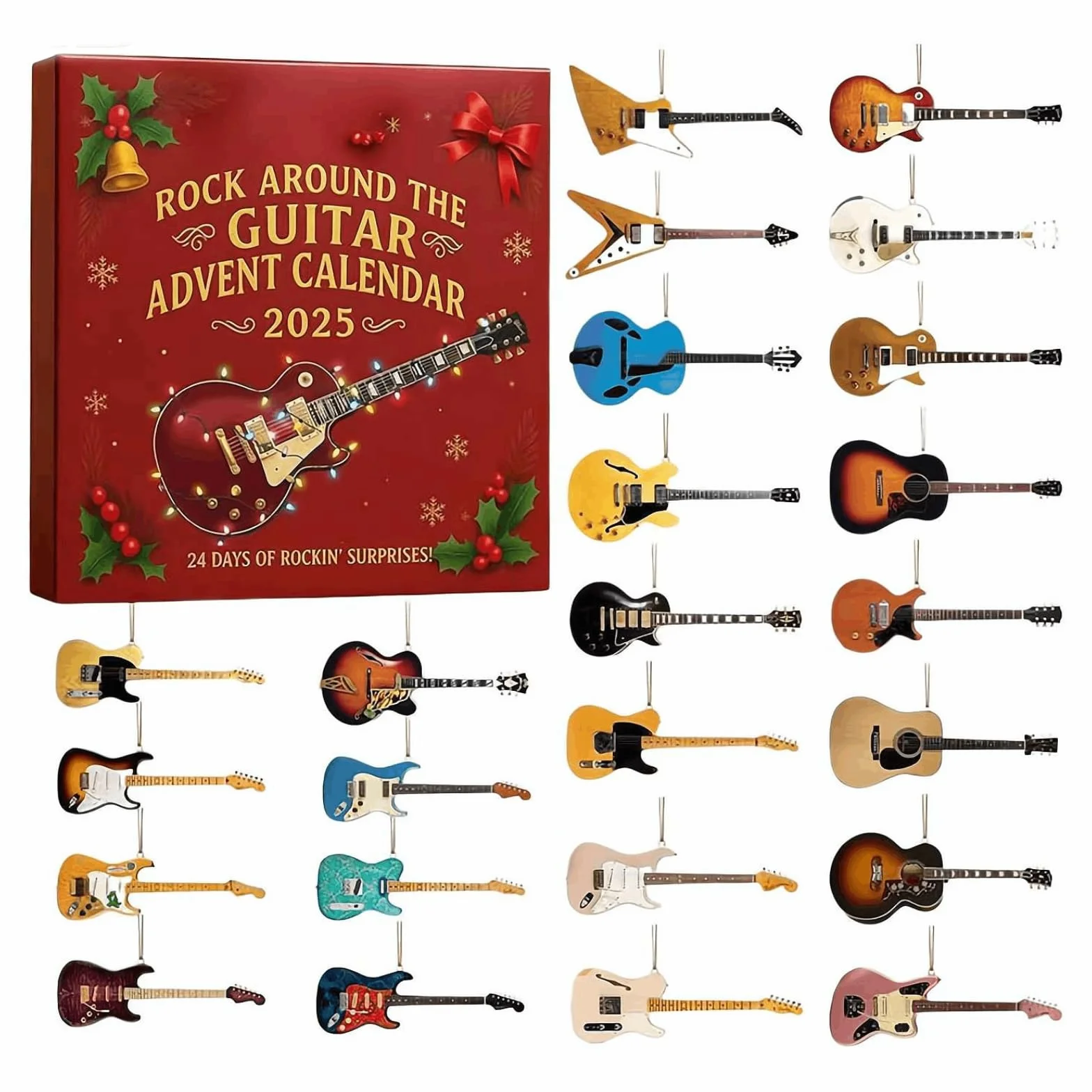 Calendario de Adviento 2025 Guitarra Rock – 24 Mini Adornos de Guitarra Eléctrica Acrílica 2D