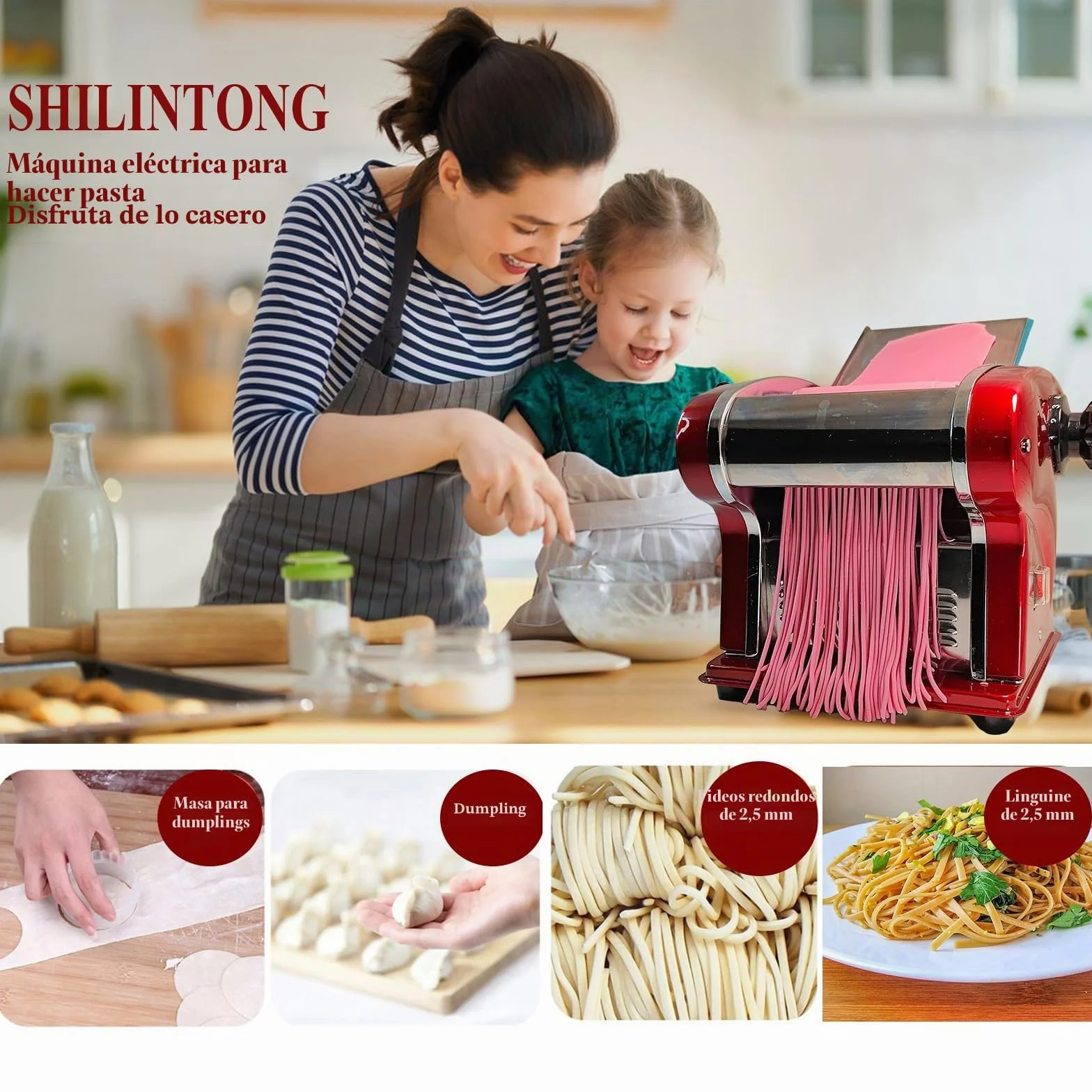 Máquinas Eléctricas Para Pasta - Fabricante de Fideos con Rodillo y Doble Cuchilla de Acero Inoxidable - 1.5mm (Redondo) y 4mm (Plano) - Para Uso Doméstico y Comercial