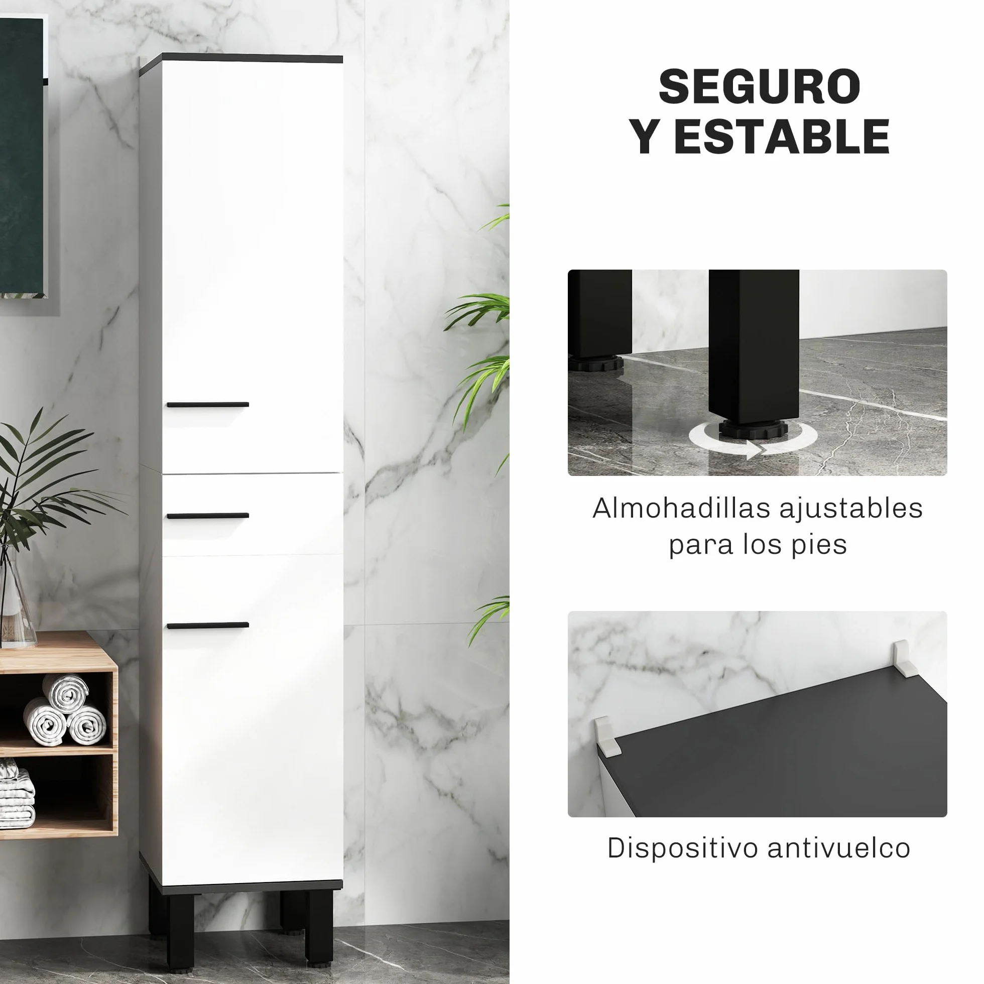 HOMCOM Columna de Baño Armario Alto de Baño con Cajón 2 Puertas y Estantes Ajustable Mueble Auxiliar de Baño Moderno Anti-vuelco 34x32x170 cm Blanco