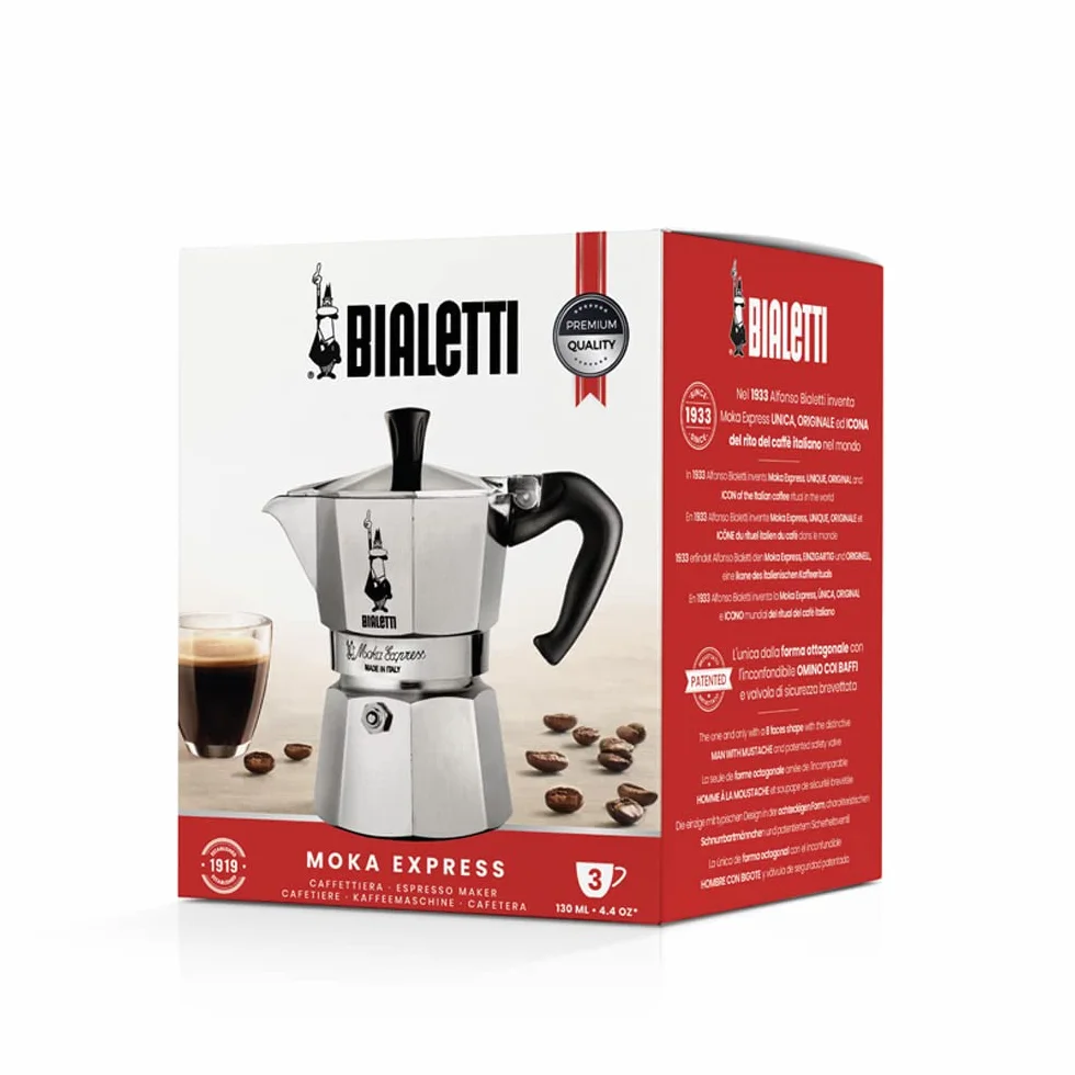 Bialetti Moka Express 3 Tazas Cafetera Italiana Espresso Aluminio Plata 130 Ml