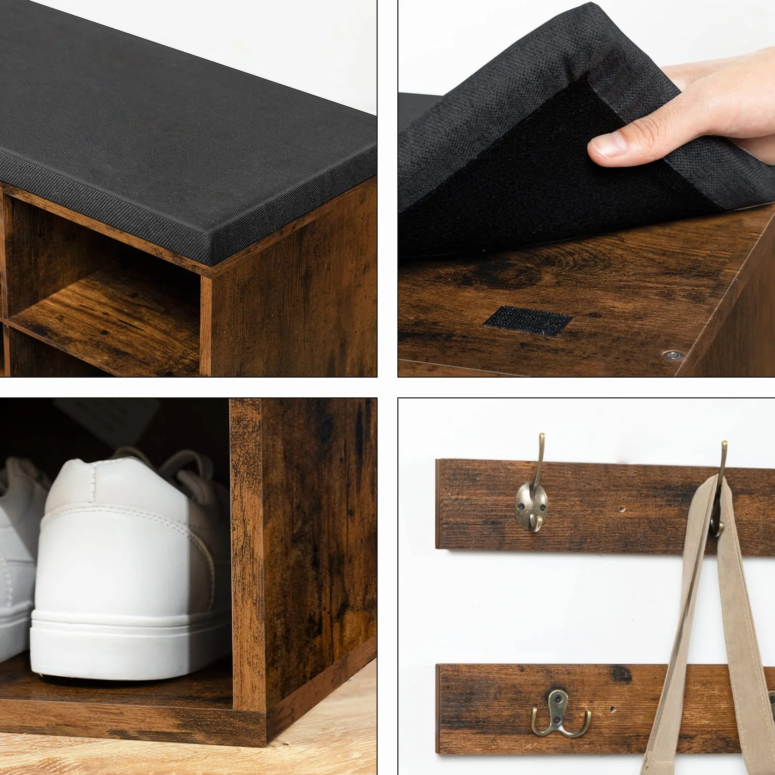 HOOBRO Banco Zapatero con Asiento, Perchero para Vestíbulo, 9 Ganchos, Banco de Almacenaje 12 Compartimentos, Organizador de Entrada, Adecuado para Pasillos, Dormitorios Marrón Rústico EBF112HX01G1