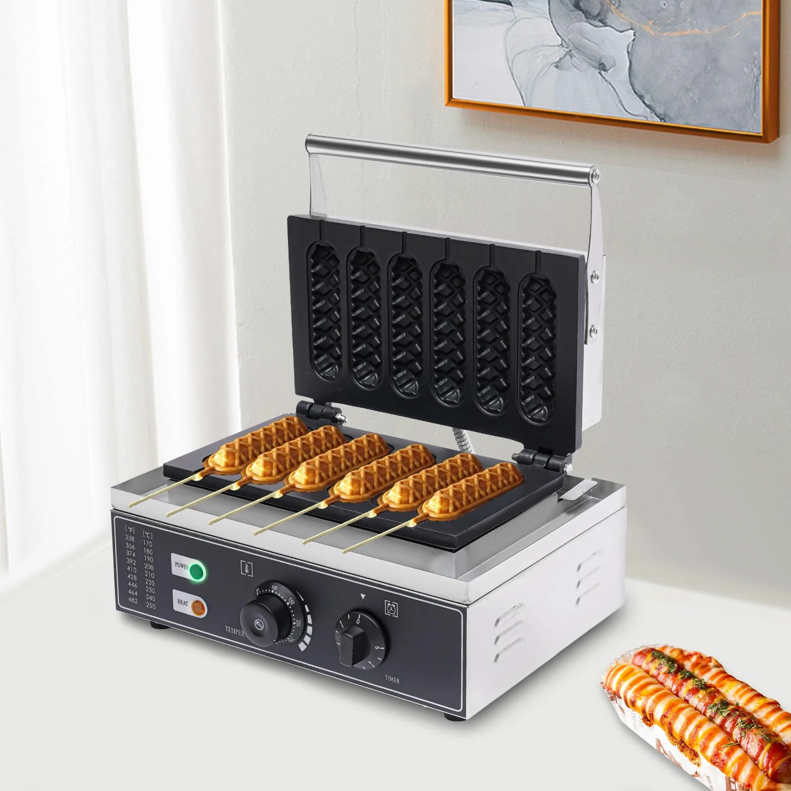 Waffeleisen Waflera, 1500W de acero inoxidable, máquina eléctrica de gofres comercial con 6 piezas de asa/perrito caliente, gofres en brocheta para panaderías, restaurantes, quioscos