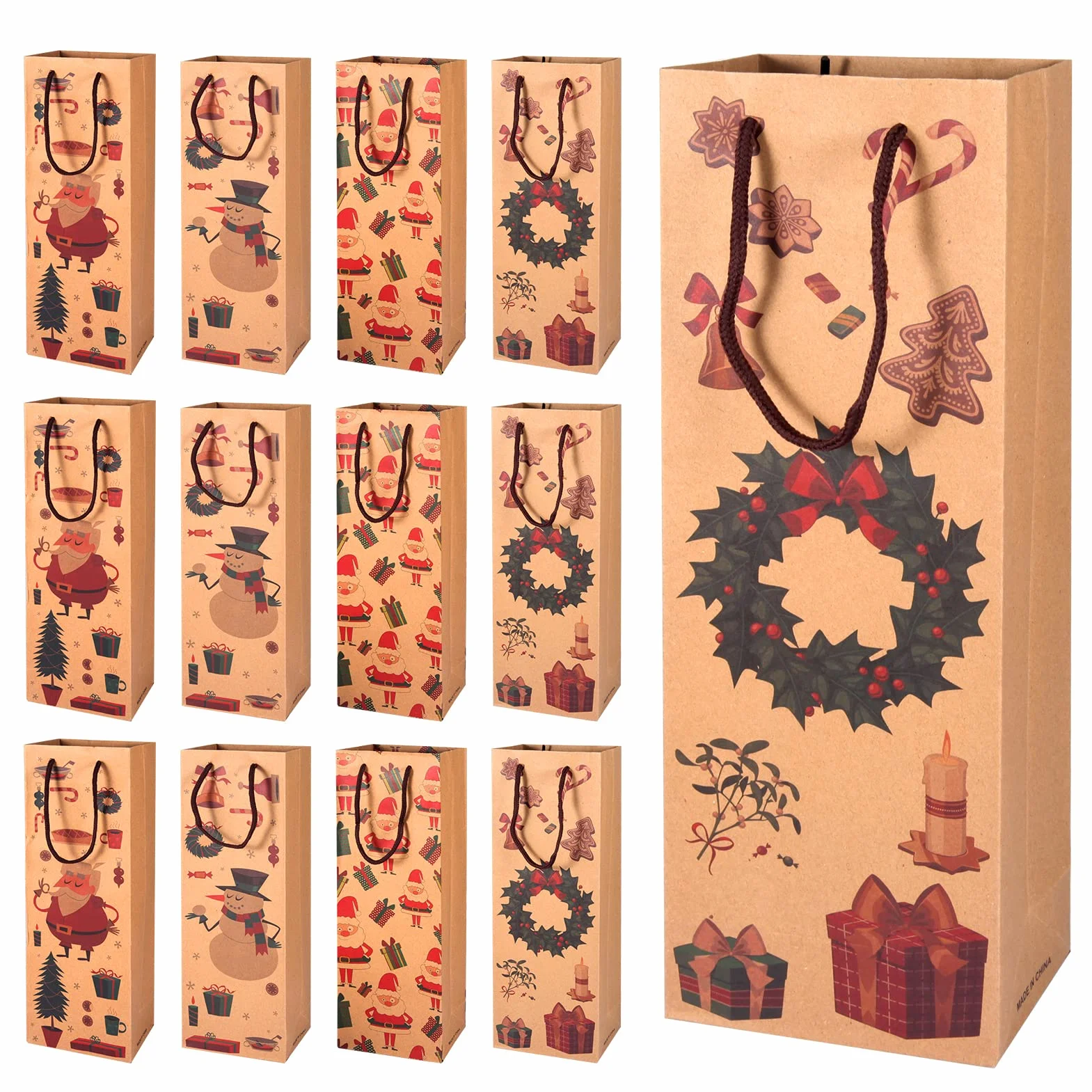 Siumir Navidad Bolsas de Regalo para Vino 12 pcs, Bolsas de Regalo para Botella de Vino Bolsa Vino Kraft Regalo Navidad Decoracion