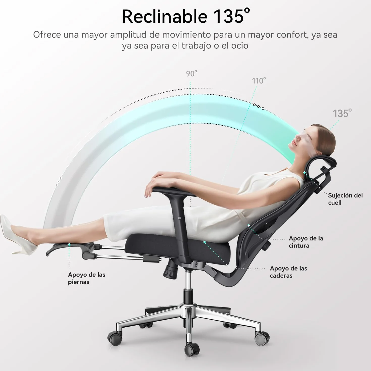 Hbada P5 Silla de Oficina ergonómica con Soporte Lumbar Ajustable, cojín elástico Transpirable, reposabrazos Ajustables y reposacabezas, Reposapiés Integrado, Negro (Aluminium, Negro)