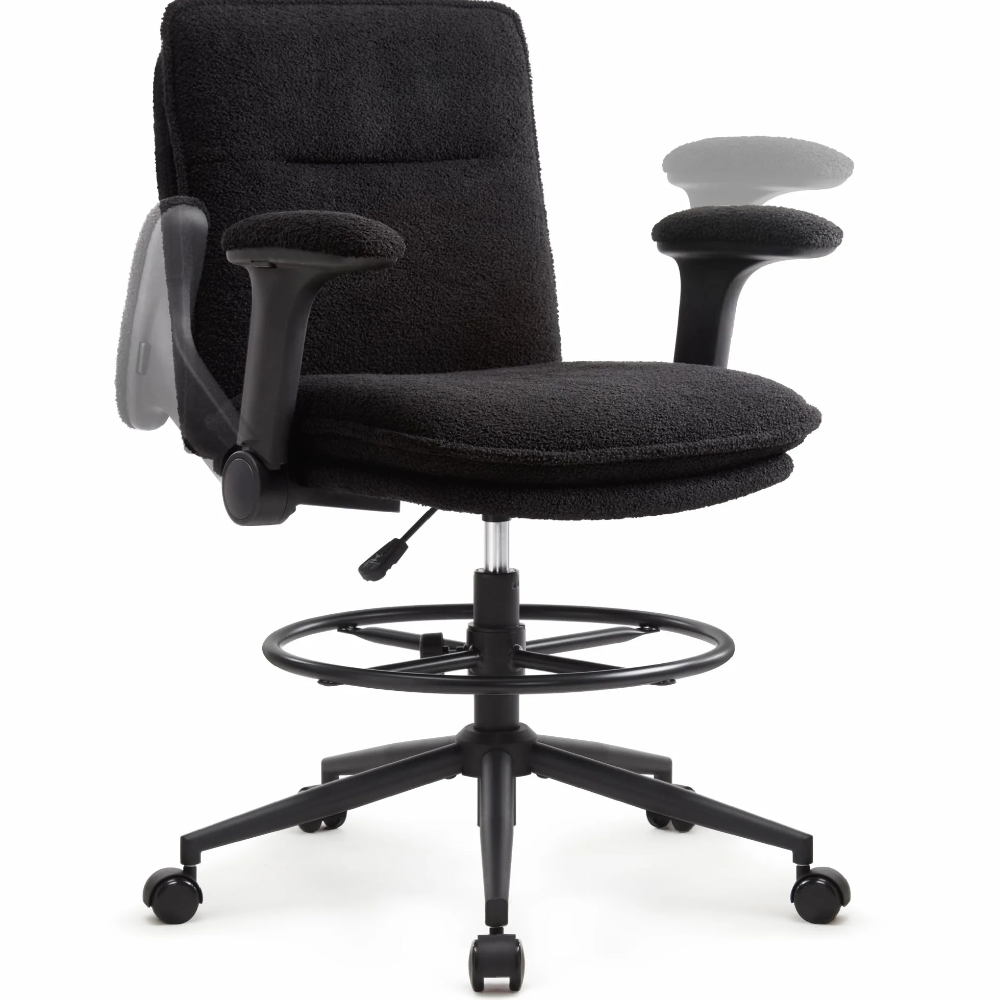Silla de trabajo ergonómica regulable en altura, giratoria con reposapiés ajustable y reposabrazos plegables negra
