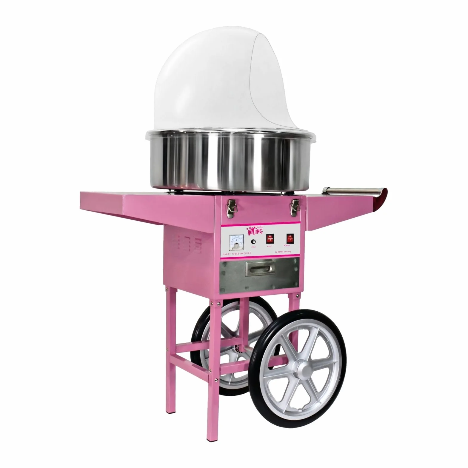 Royal Catering Máquina de Algodón de Azúcar con Carrito, Control Termostato y Rotación, 1200W, color Rosa, 52 cm