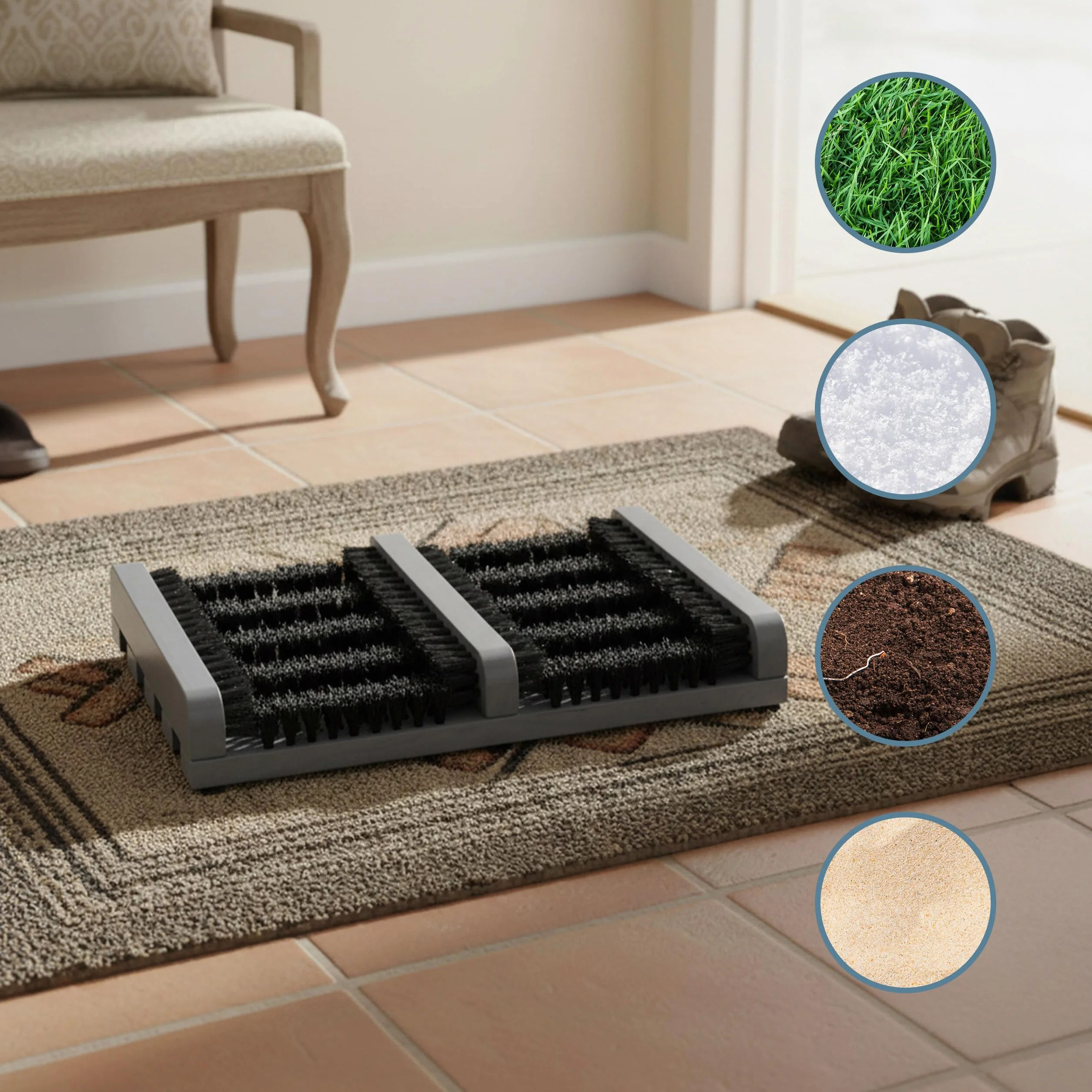 Rascador de Zapatos Relaxdays con cepillos, Base Antideslizante, Madera, Exterior, Cepillo para Calzado, Gris/Negro