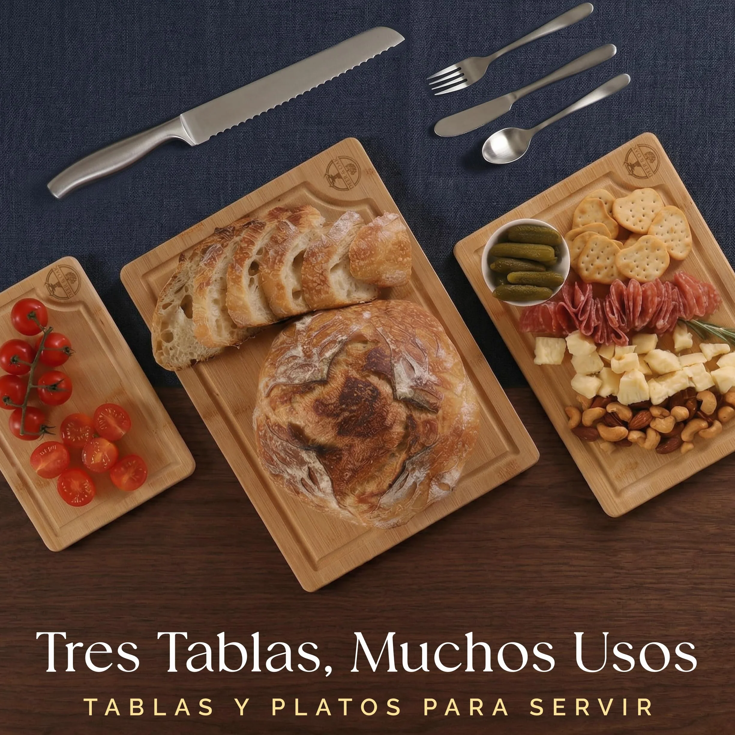 Deer & Oak Set de 3 Tablas de Cortar Bambú con Asas y Ranuras 33x24 28x20 22x15 cm Pre-aceitadas Ecológicas