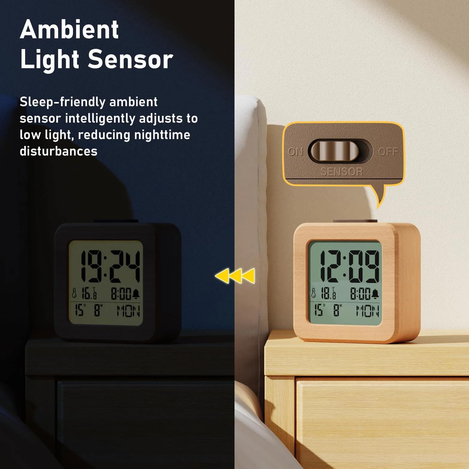 Despertador Digital, Reloj Despertador Digital de Madera Pilas con Sensor de Luz, Retroiluminación LCD, Snooze 5 Min, Temperatura, Fecha y Día de la Semana (Madera)