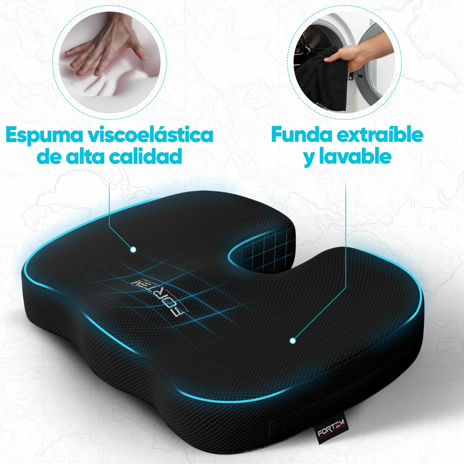 FORTEM Cojín Silla Oficina Forma U Espuma Viscoelástica Ergonómico Asiento Coche Gaming Viaje Funda Lavable