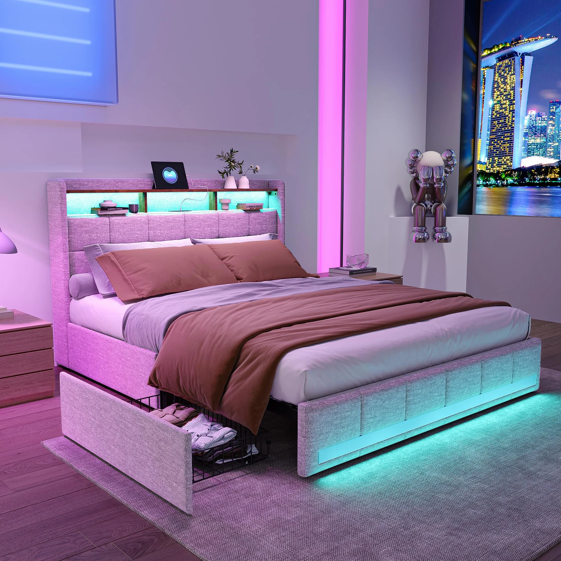 Cama Tapizada 160x200 con Espacio de Almacenamiento, Cama Matrimonial con Toma USB y luz LED, Cama Juvenil con 4 Cajones, Estructura de Cama con cabecero y somier, Tela de Lino, Sin Colchón, Beige A