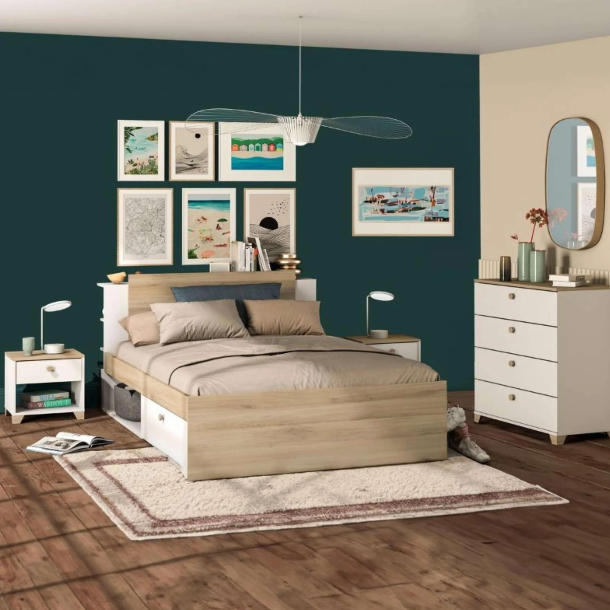 Miroytengo Dormitorio Principal Completo Izzy Color Blanco Mate y Roble Kronberg (Cama+cómoda+mesitas)