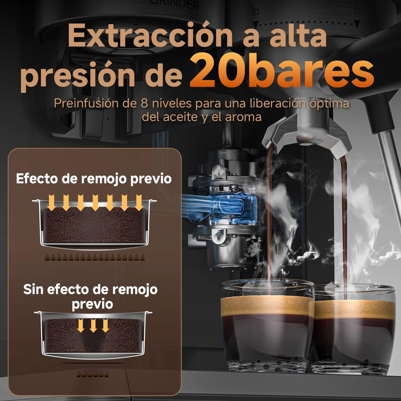AMZCHEF Cafetera express con molinillo, cafetera espresso 20 bar para casa con vaporizador de leche, 3 niveles de temperatura, 20 ajustes de molienda, función de café frío y caliente, pantalla táctil