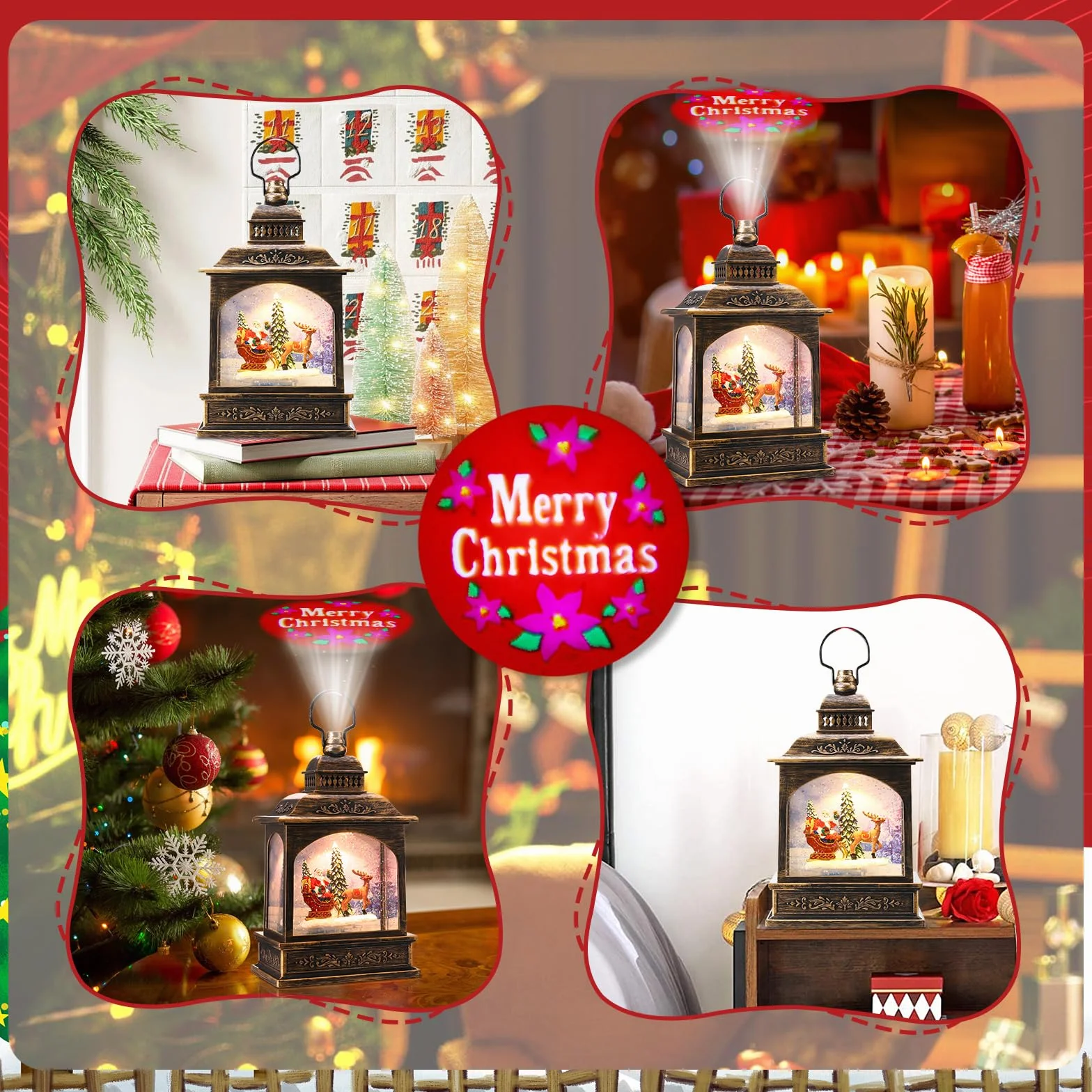 Coikes Linterna Navidad de Musical con Proyección Linternas de Globo Iluminado Xmas Water Lantern Linterna de Papá Noel con Purpurina Faroles de Navidad Decoraciones de Navidad