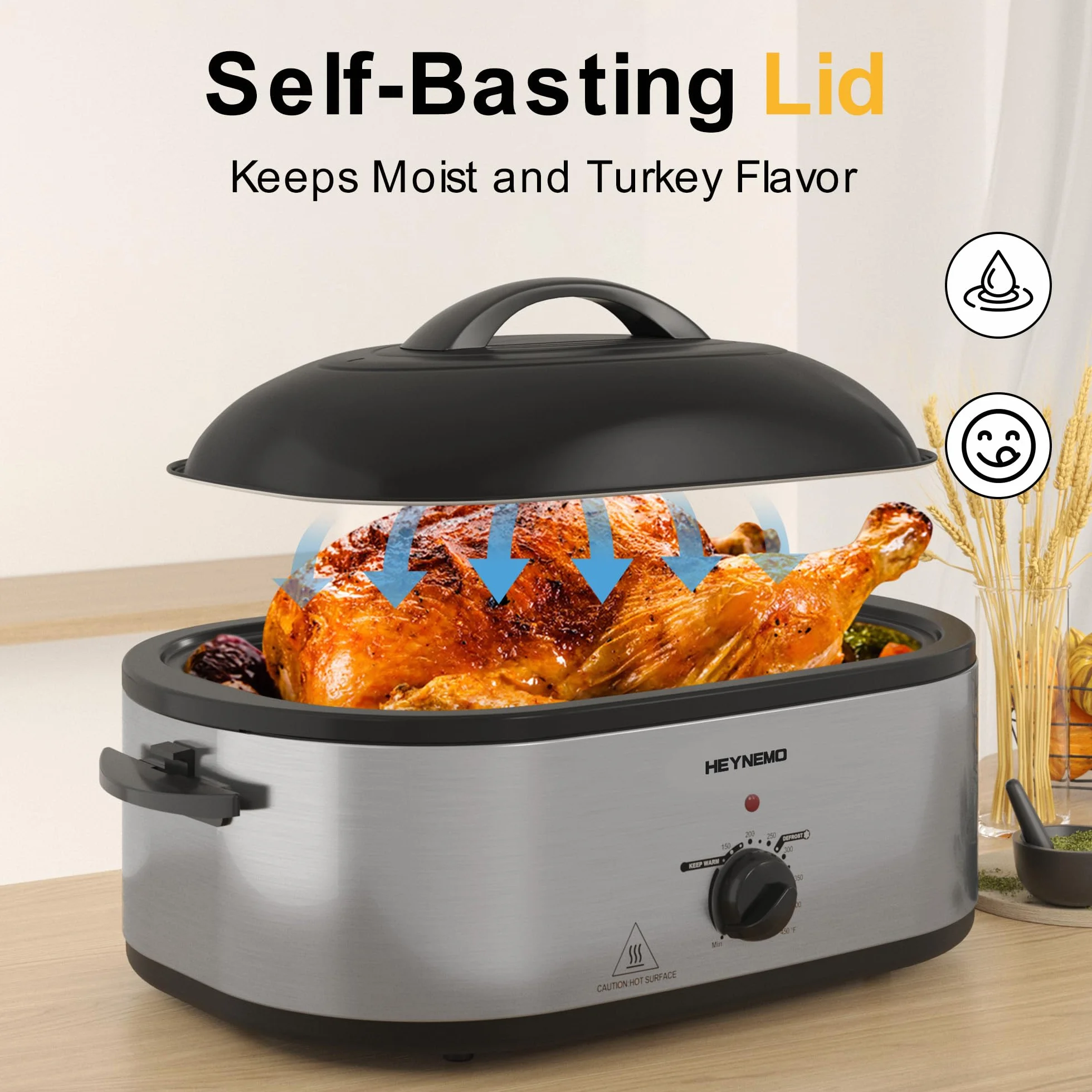 Horno asador eléctrico de 22 cuartos de galón, tostador de pavo con diseño de tapa autoservicio, horno asador eléctrico grande de acero inoxidable para pavos de hasta 26 libras