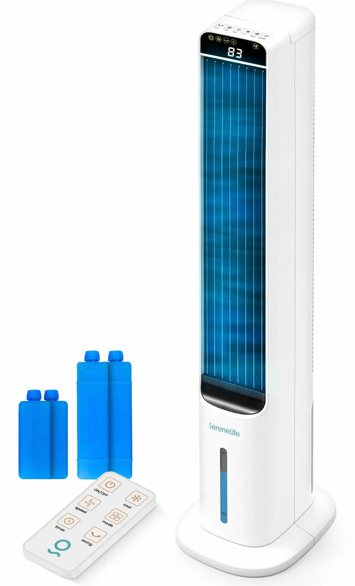 SereneLife Enfriador de Aire Evaporativo, de Torre con Mando a Distancia, Tanque de 5L, 4 Cajas de Hielo, 3 Velocidades, Enfriador de Pie Silencioso con Oscilacion, Portatil, Eficiente en Energia