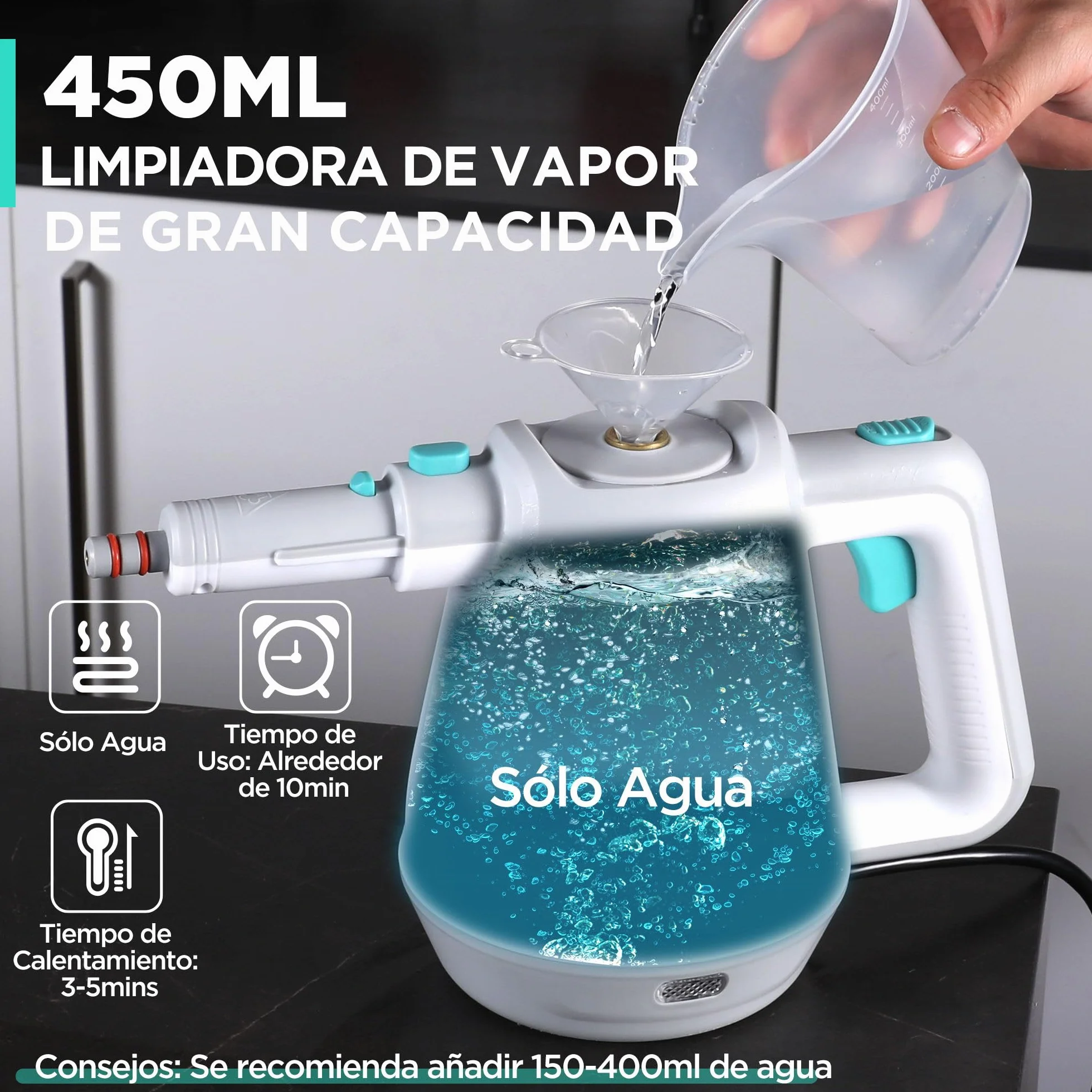 HAUSHOF Limpiador de Vapor 450ml 1200W 3,0 Bar con 8 Accesorios