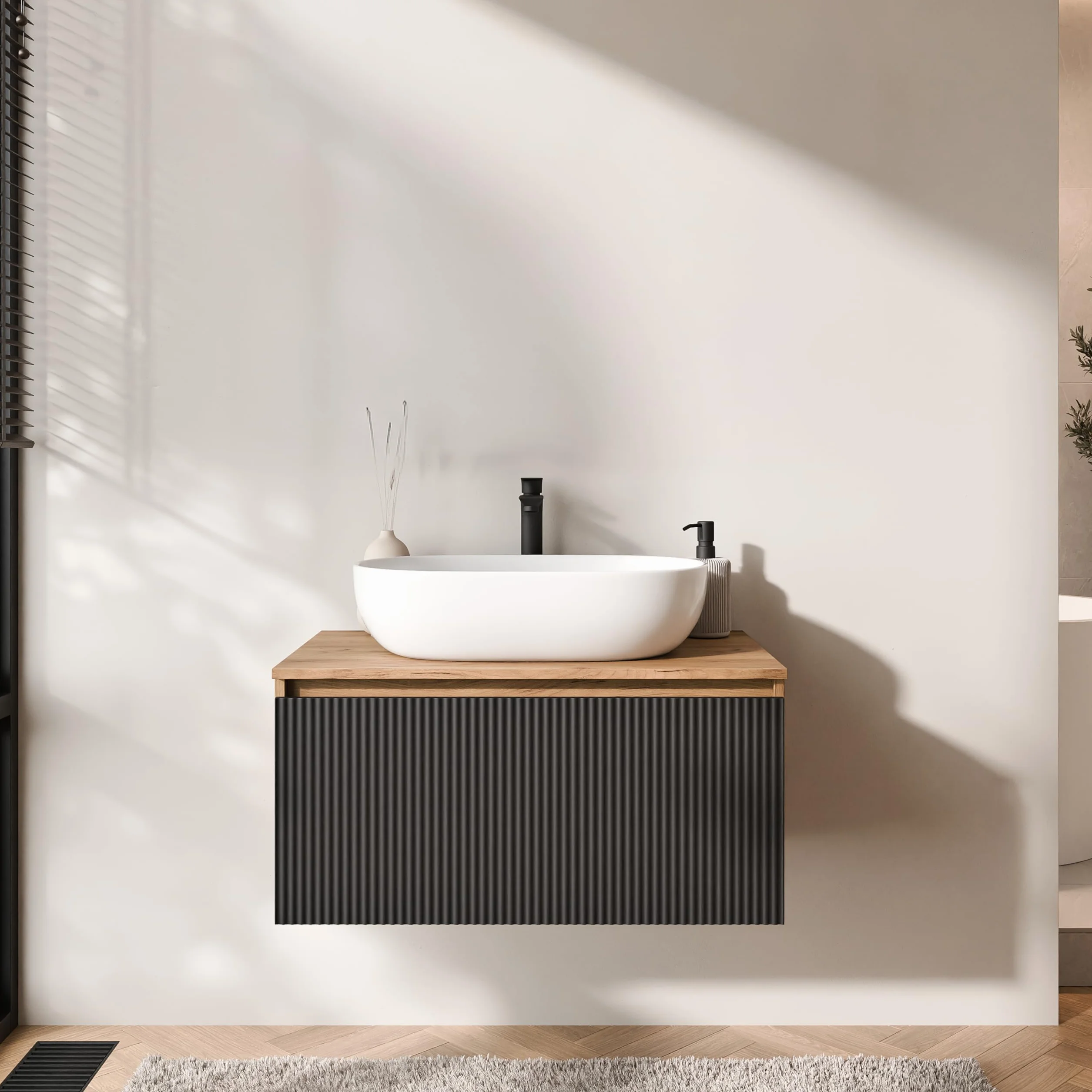 Planetmöbel Arisa Juego de muebles de baño con lavabo de 80 cm en roble dorado negro (estriado), lavabo de 60 cm en blanco, con sifón de ahorro de espacio