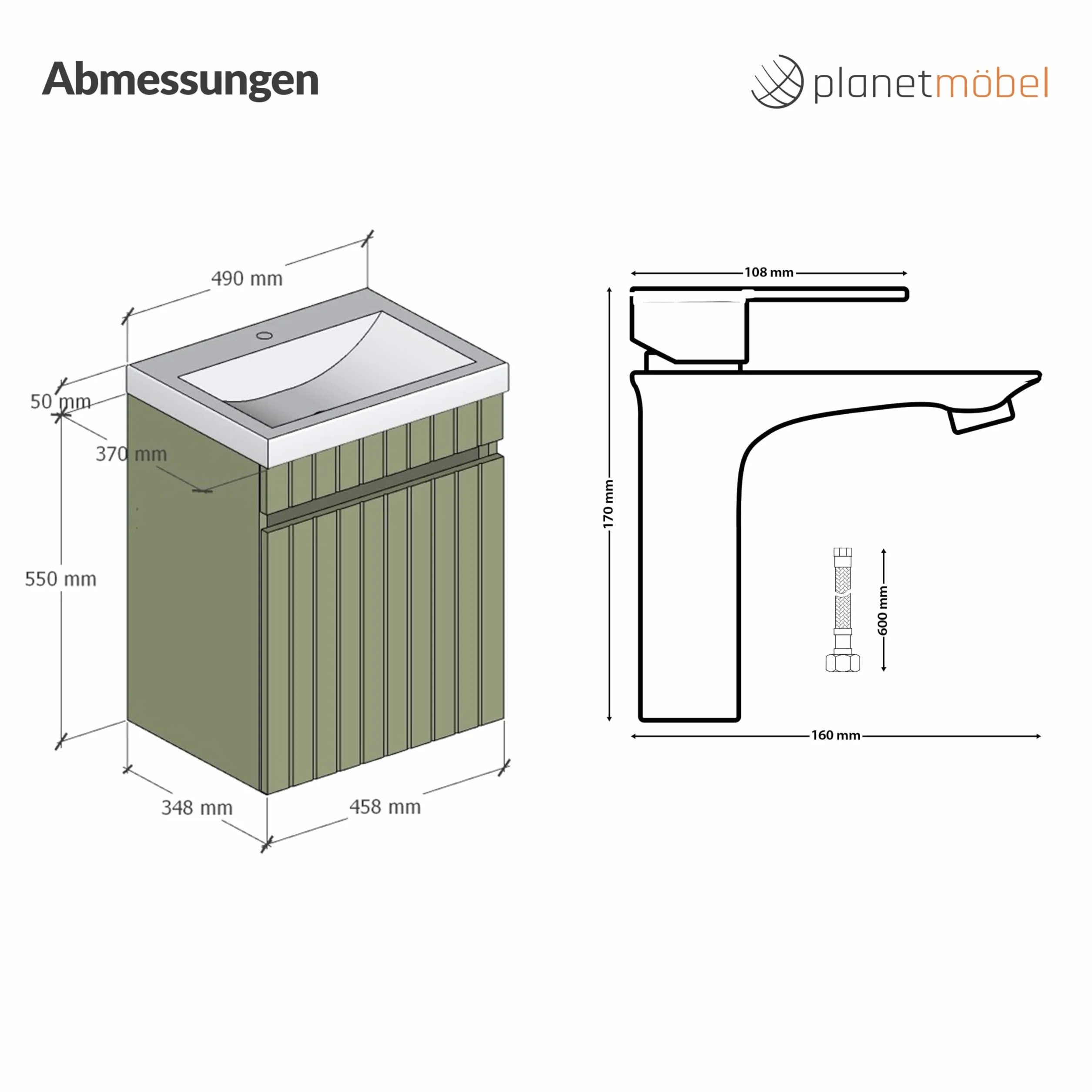 Planetmöbel Cosmia - Set de muebles de baño con lavabo y armario bajo 50 x 60 x 35 cm, color verde menta, grifo de baño negro, lavabo de cerámica con puerta