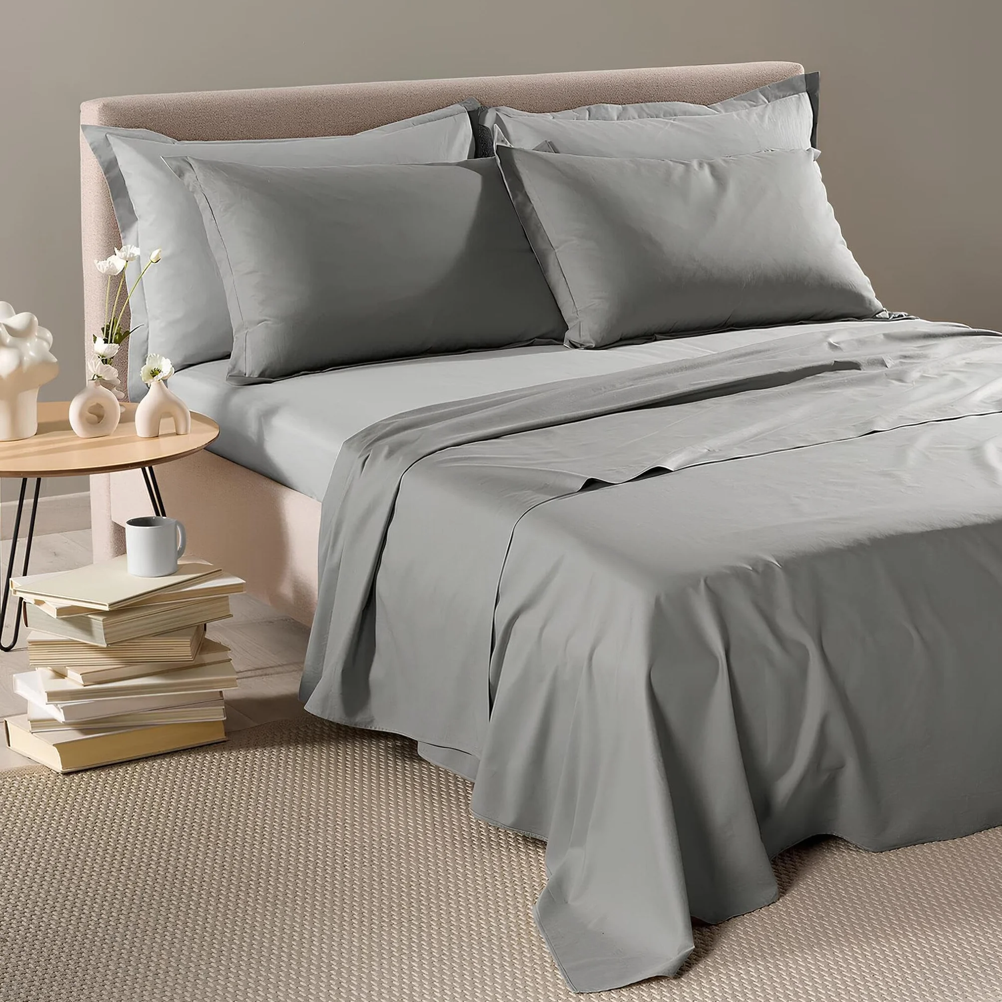 Caleffi Juego de sábanas de matrimonio bicolor de algodón y Lyocell Art. Vita sábana superior 240 x 280 cm, sábana bajera ajustable 180 x 200 cm y 2 fundas de almohada 50 x 80 cm (gris)