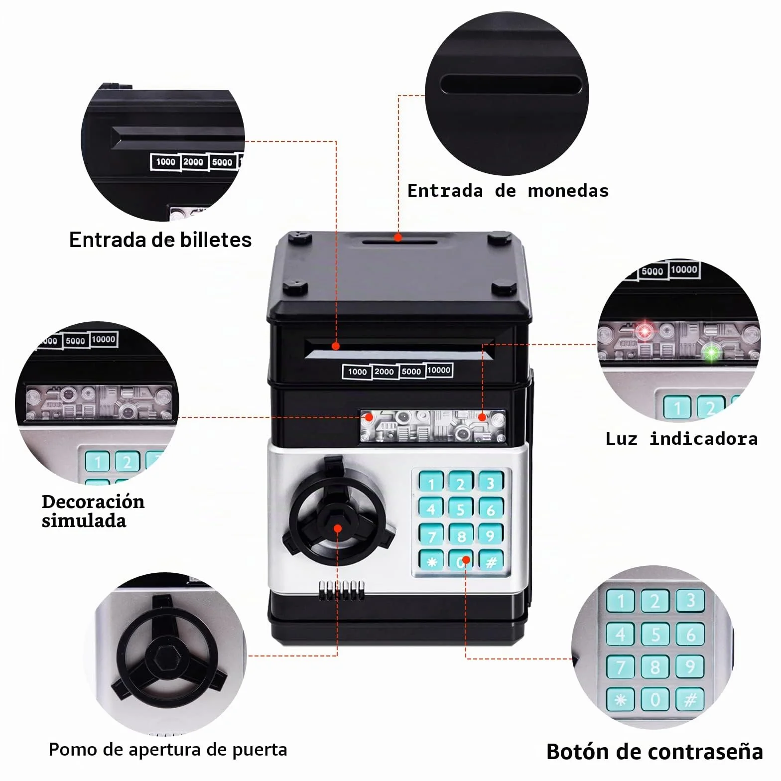 Thedttoy Hucha Electrónica Caja de Dinero para Niños 4-11 Años, Hucha Fuerte con Código y Cajero Automático, Regalos para Niñas y Niños (Negro)