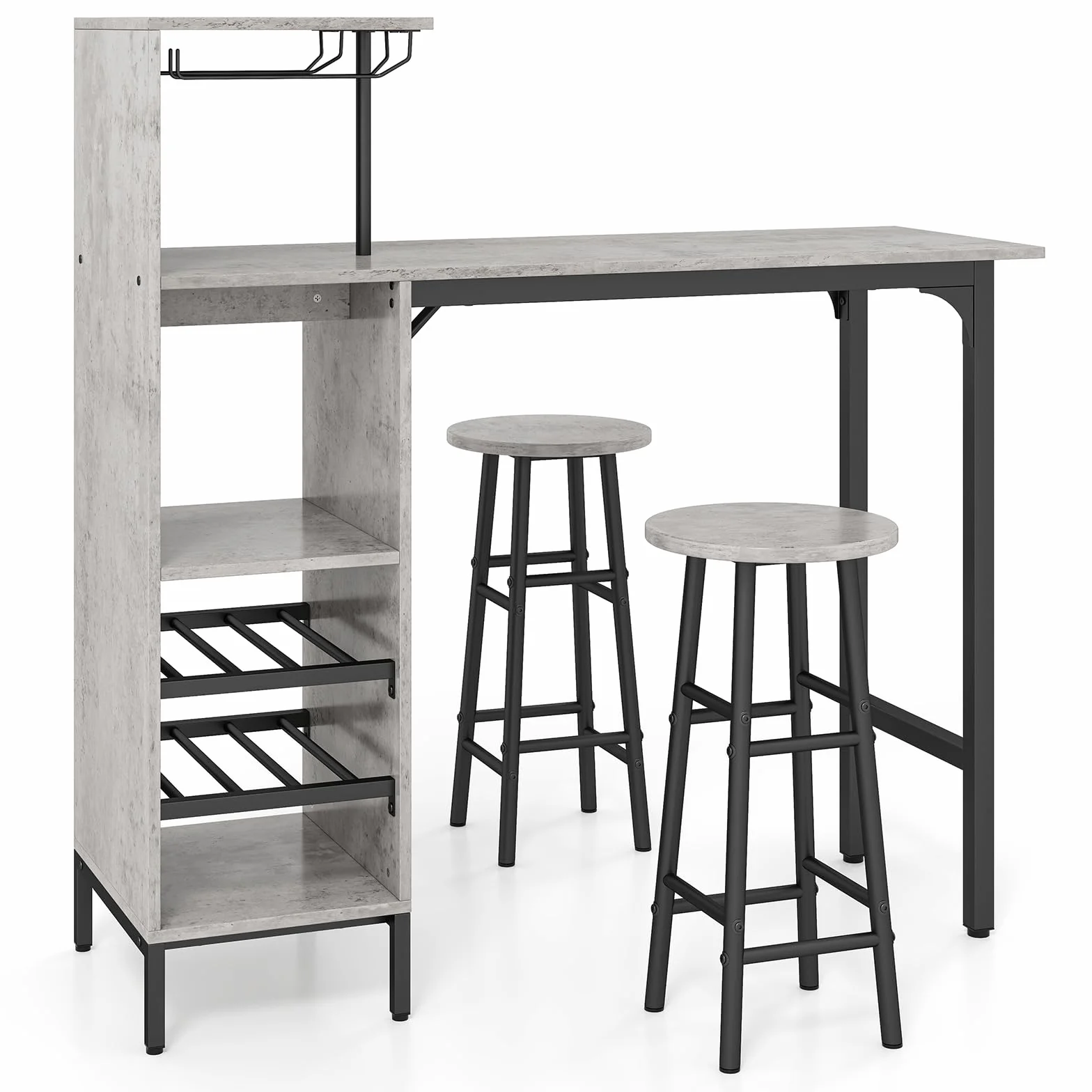LIFEZEAL Juego de Comedor con 2 taburetes de Bar, Barra de Cocina con 2 sillas Altas, Mesa de Bar con peldaños Abiertos, botellero para Copas de Vino, para Cocina, salón y Bar (Gris)