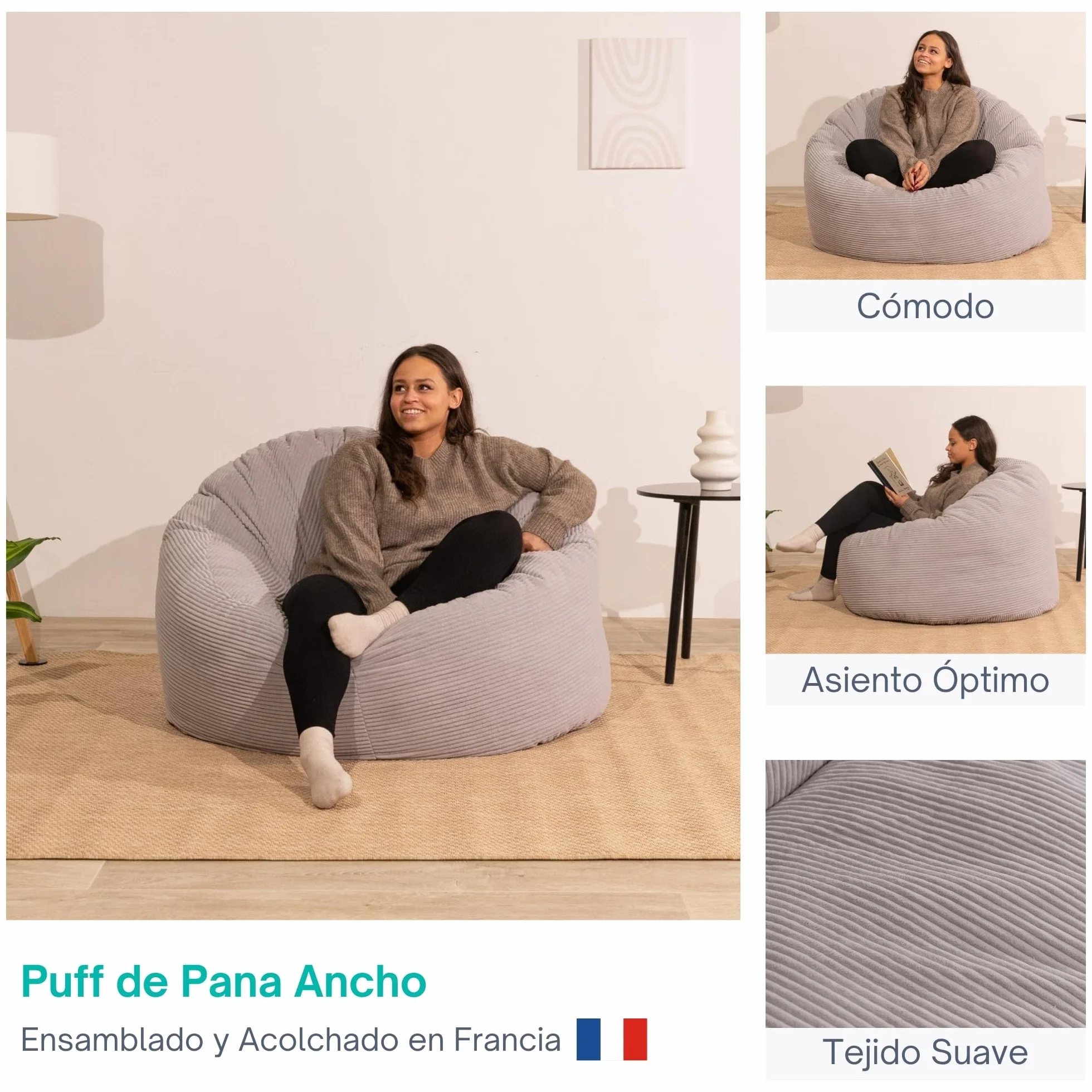 bananair - Puff Salón de Pana Ancho - Suave y Confortable - Puff Pera con Relleno de Espuma Incluido, Óptimo Apoyo para la Espalda - Bean Bag, Sofa Puff Gigante Muy Cómodo (100 cm, Gris Claro)
