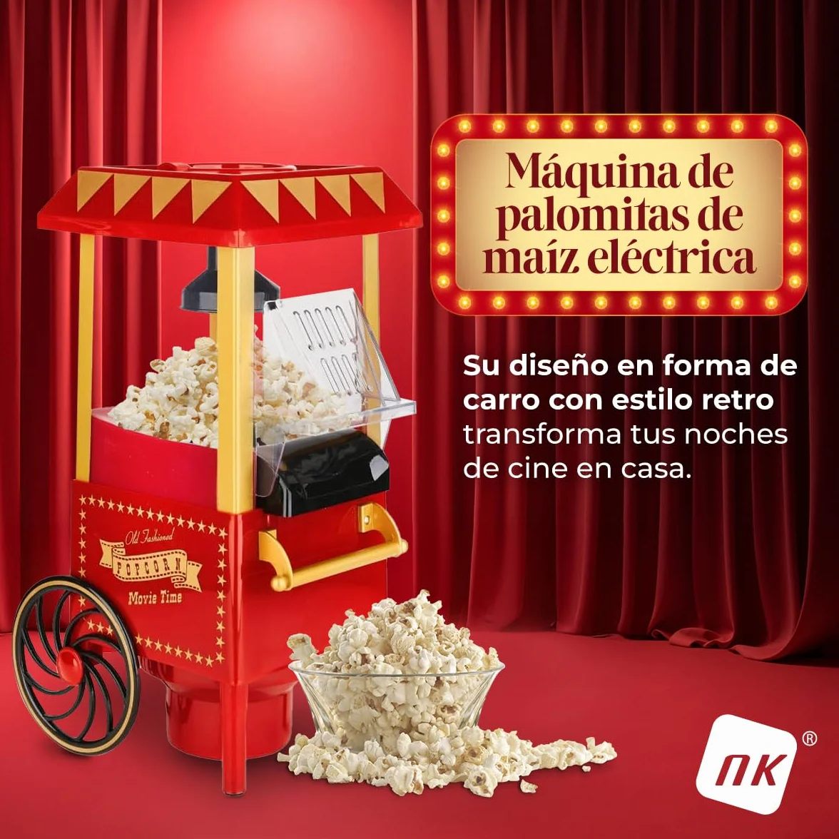 NK Palomitero Retro Máquina de Palomitas de Maíz Eléctrica 1200W Aire Caliente