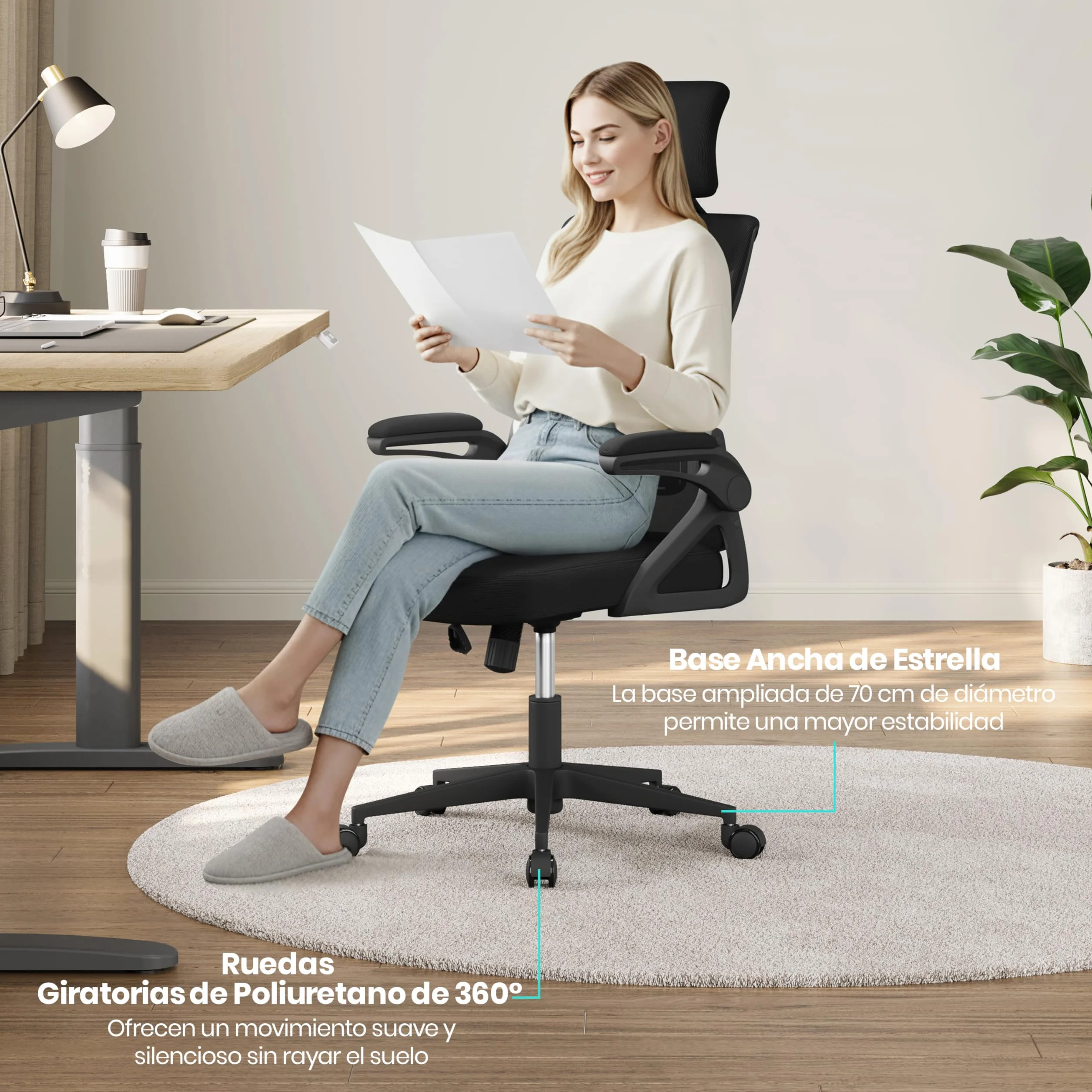 Yaheetech Silla de Oficina Ergonomica con Soporte Lumbar Ajustable Base Giratoria 70 cm Transpirable Negro