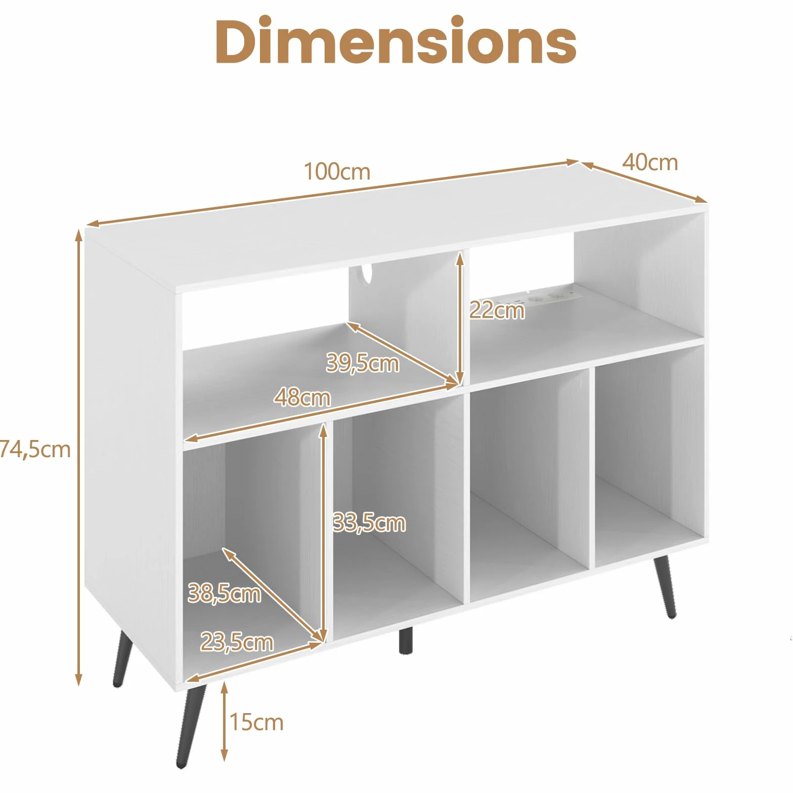 KOMFOTTEU Mueble para Tocadiscos de 3 Niveles, Soporte de Discos de Vinilo con 4 Compartimentos y 2 Estantes Abiertos, Mesa para Tocadiscos con 5 Patas de Metal (Blanco, con Estación de Carga)
